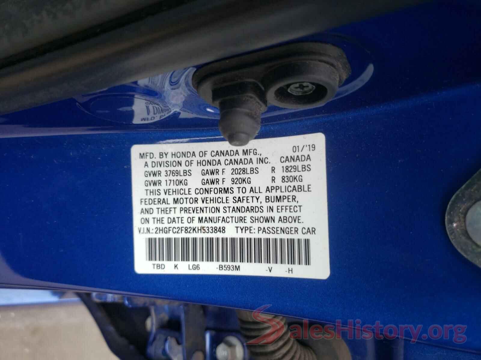 2HGFC2F82KH533848 2019 HONDA CIVIC