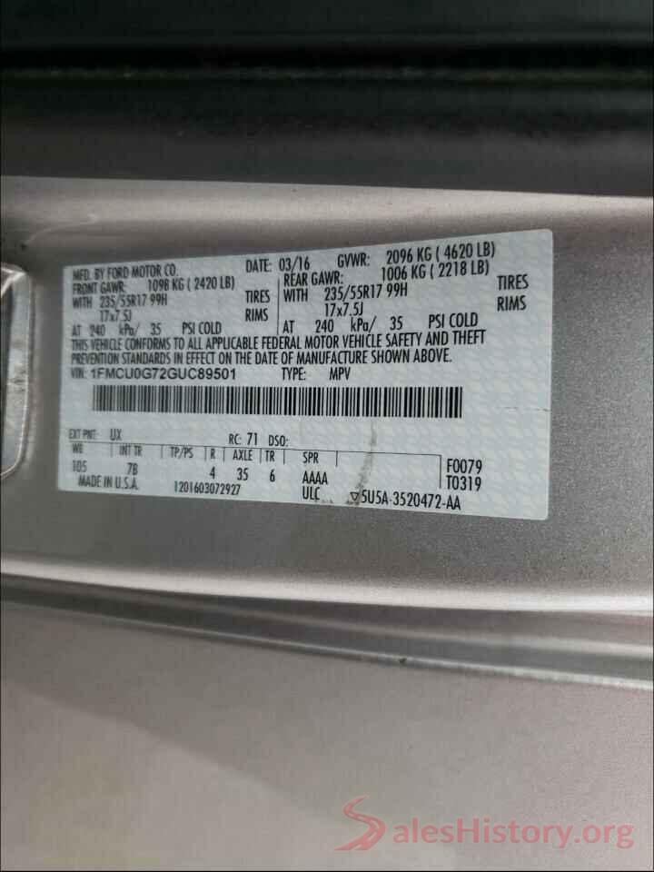 1FMCU0G72GUC89501 2016 FORD ESCAPE