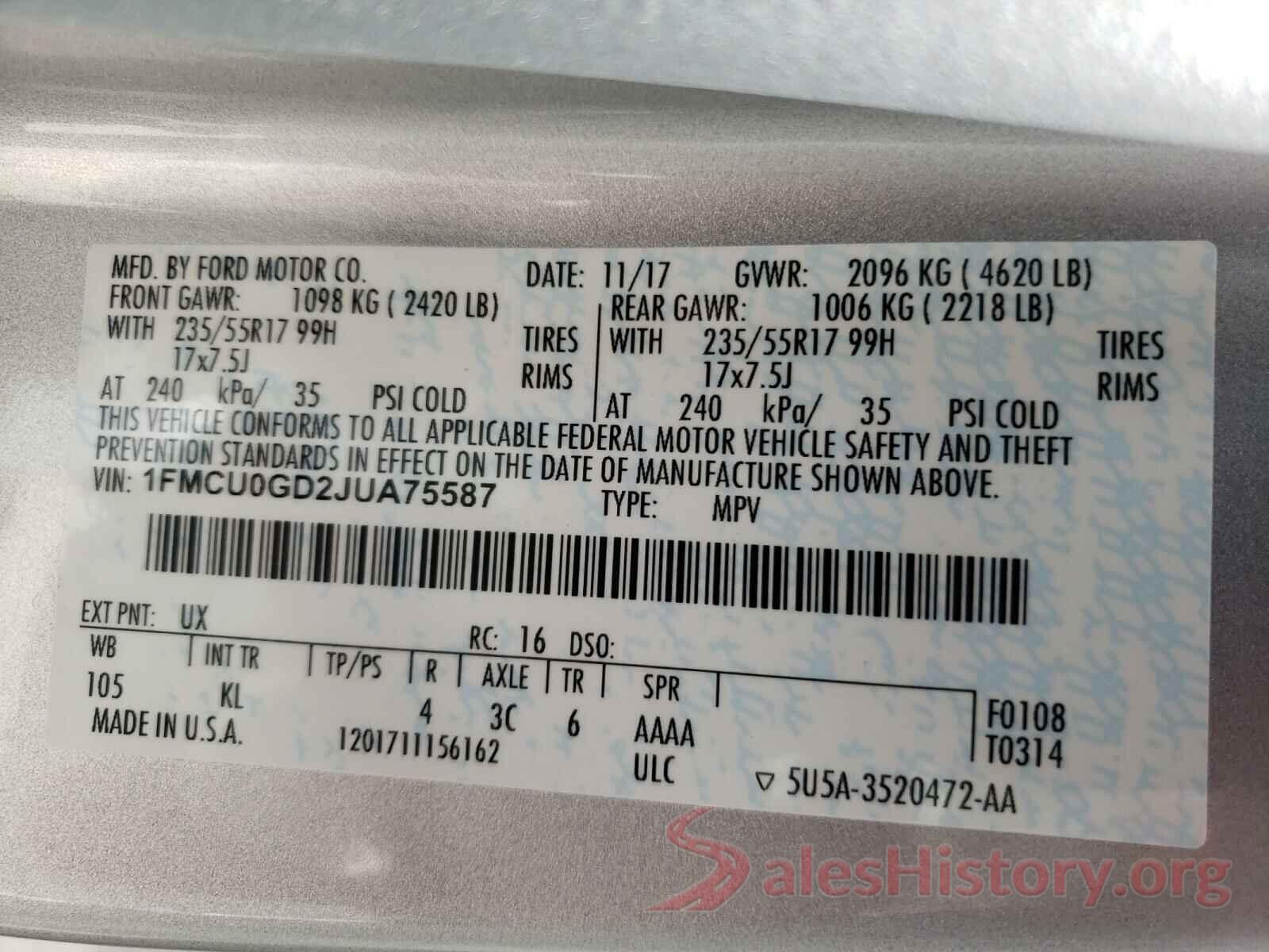 1FMCU0GD2JUA75587 2018 FORD ESCAPE