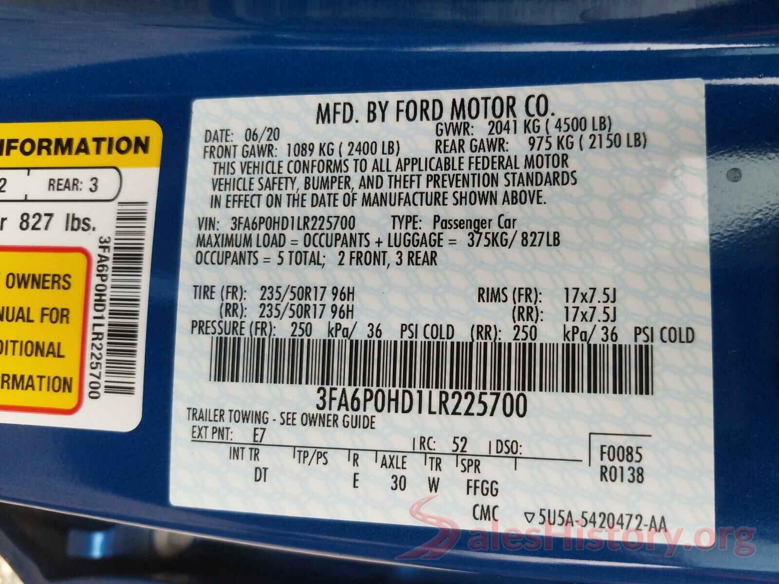 3FA6P0HD1LR225700 2020 FORD FUSION