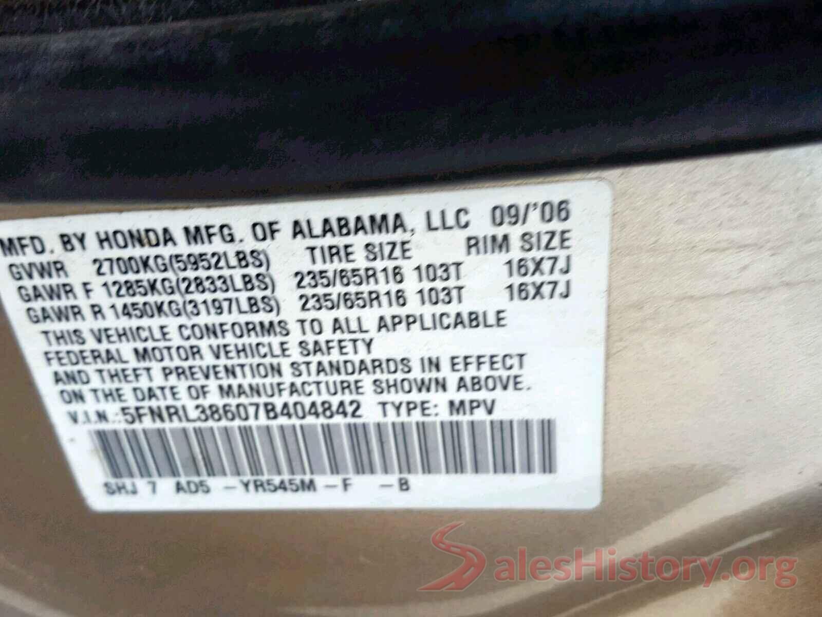 5FNRL38607B404842 2007 HONDA ODYSSEY EX