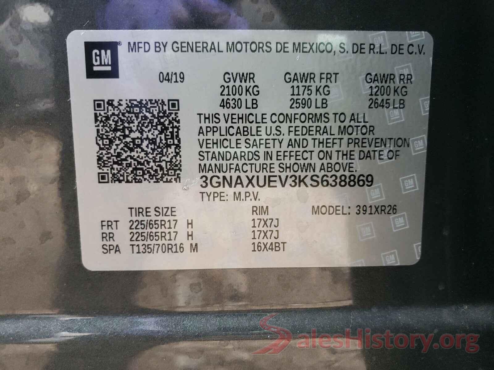 3GNAXUEV3KS638869 2019 CHEVROLET EQUINOX