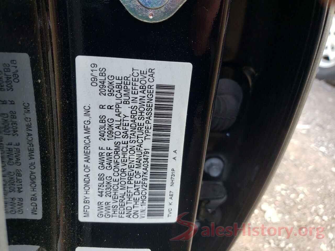 1HGCV2F97KA034791 2019 HONDA ACCORD