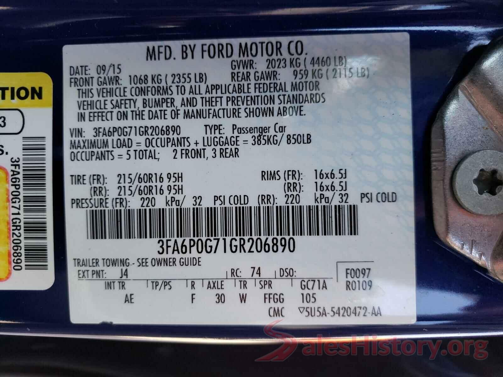 3FA6P0G71GR206890 2016 FORD FUSION