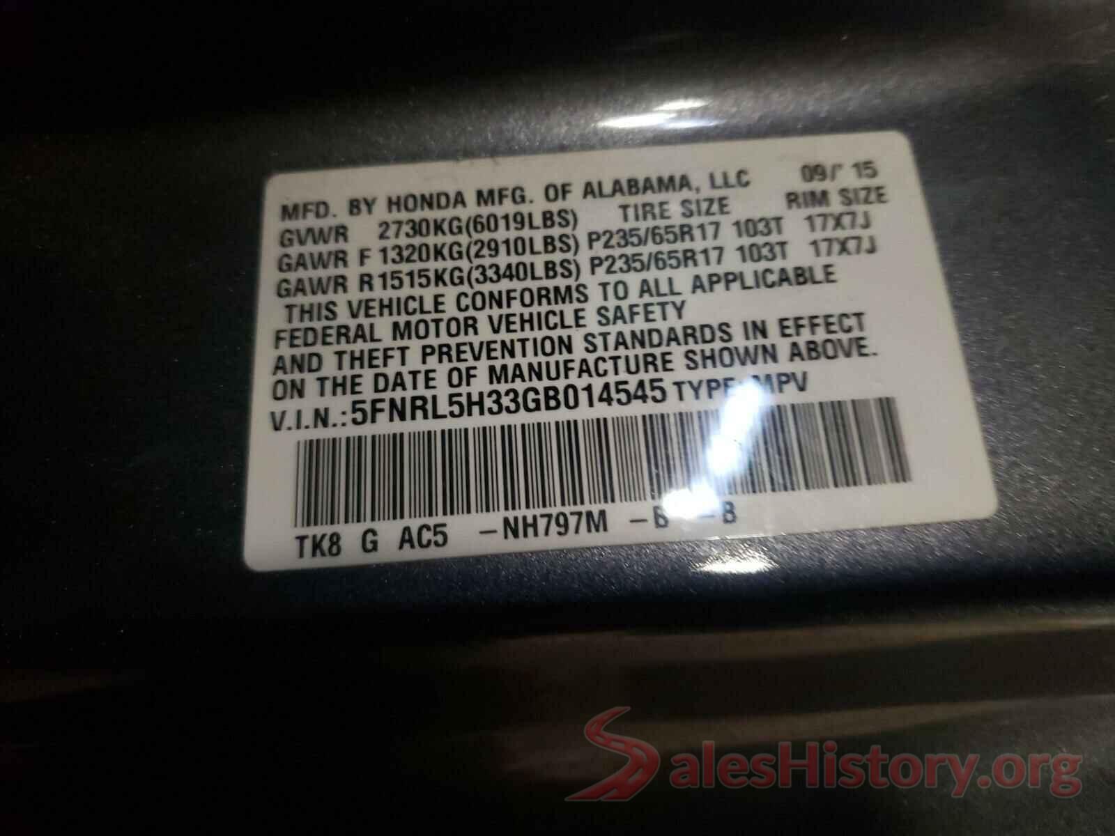 5FNRL5H33GB014545 2016 HONDA ODYSSEY