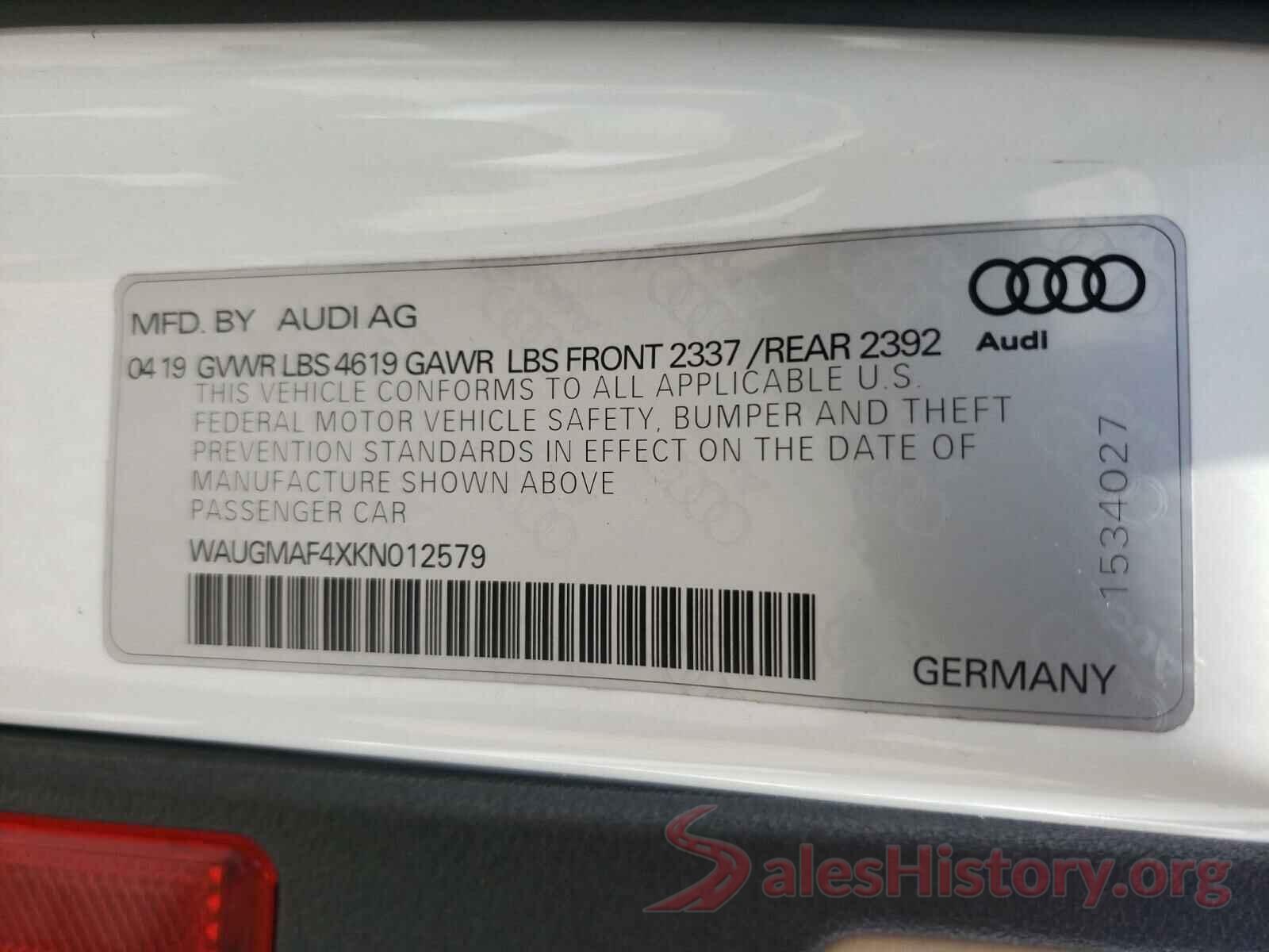 WAUGMAF4XKN012579 2019 AUDI A4