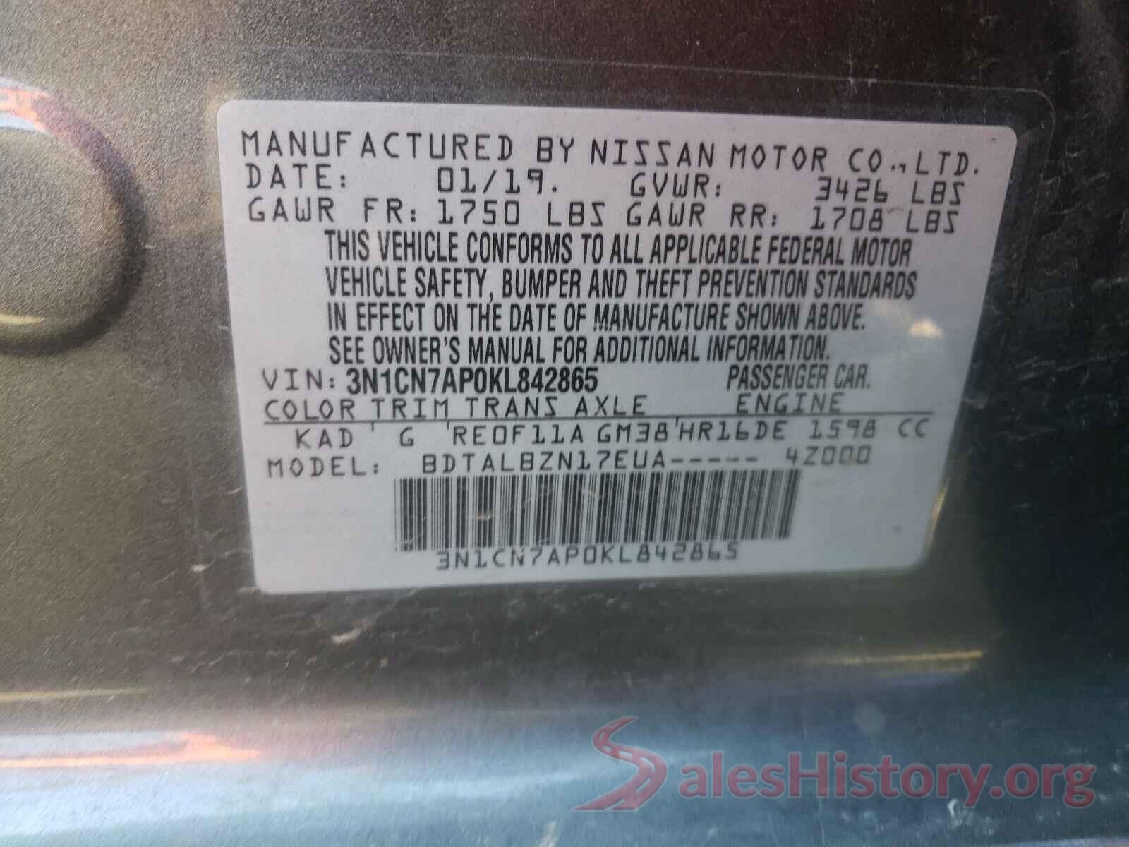 3N1CN7AP0KL842865 2019 NISSAN VERSA