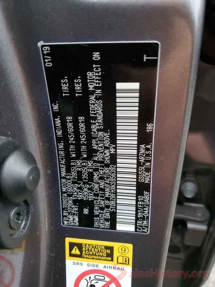 5TDBZRFHXKS956392 2019 TOYOTA HIGHLANDER