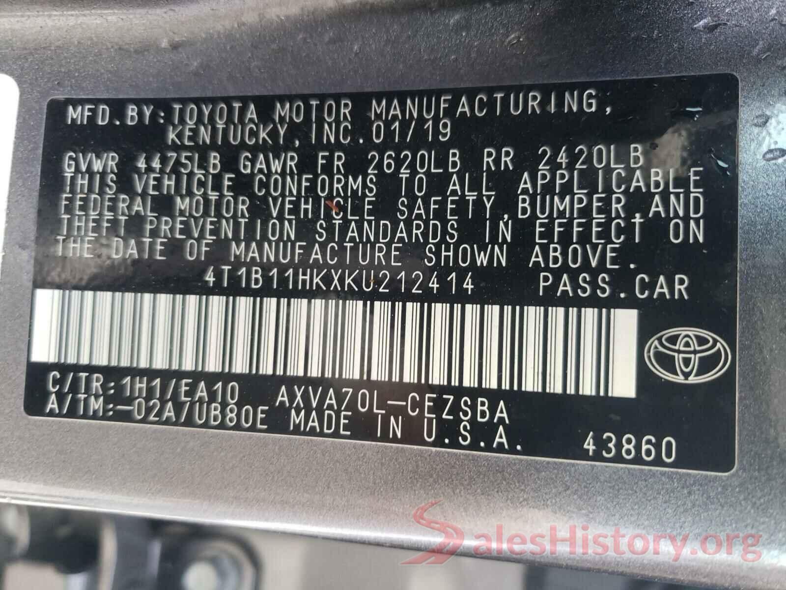 4T1B11HKXKU212414 2019 TOYOTA CAMRY