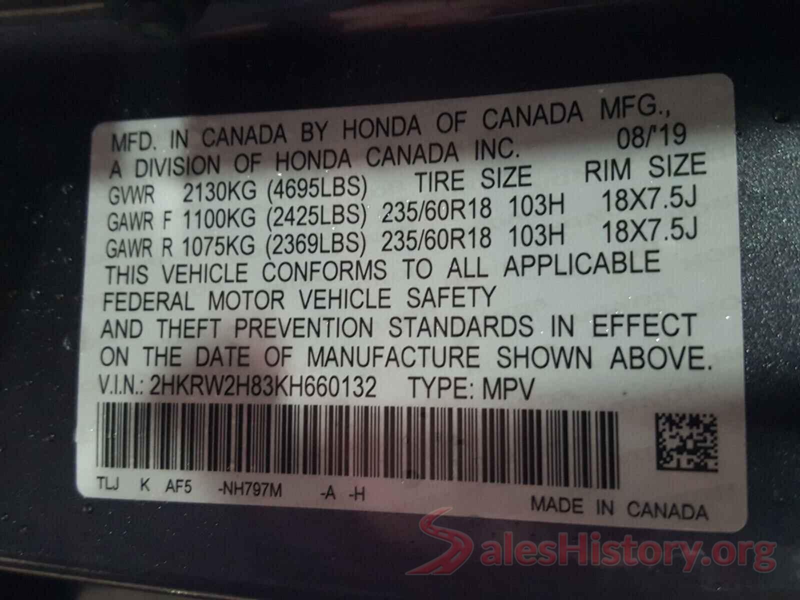 2HKRW2H83KH660132 2019 HONDA CRV