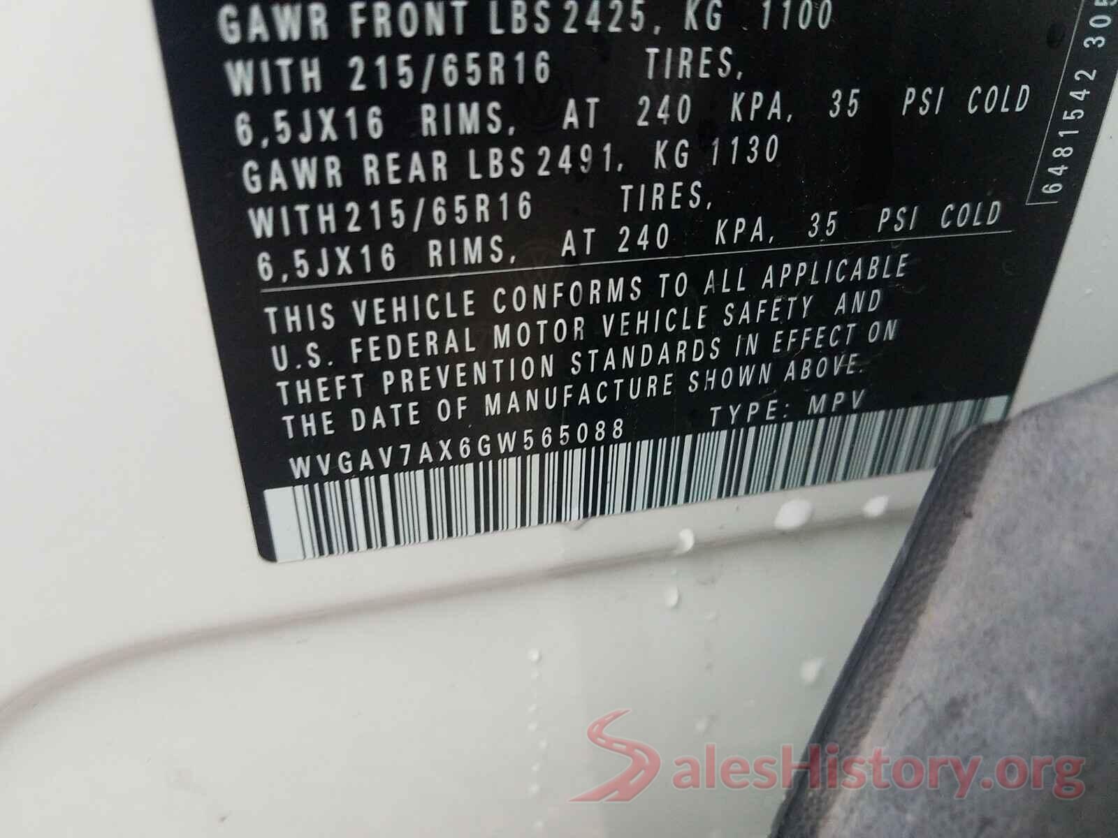 WVGAV7AX6GW565088 2016 VOLKSWAGEN TIGUAN