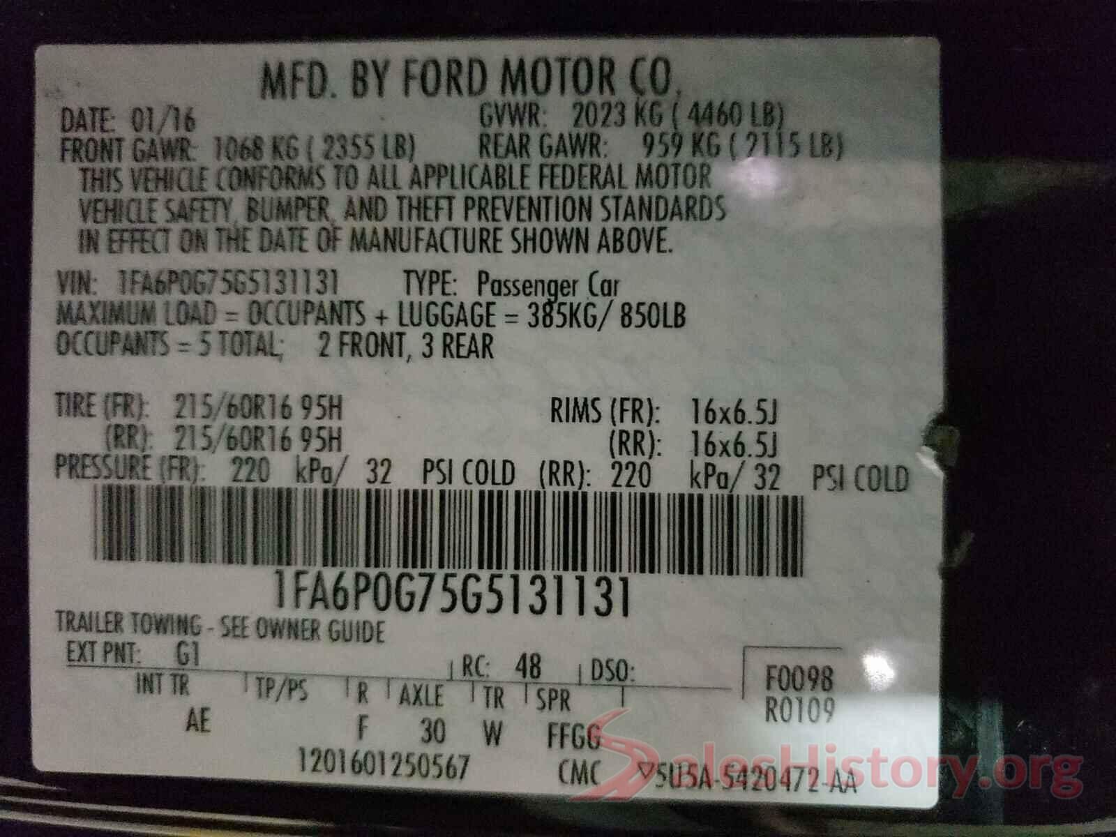 1FA6P0G75G5131131 2016 FORD FUSION