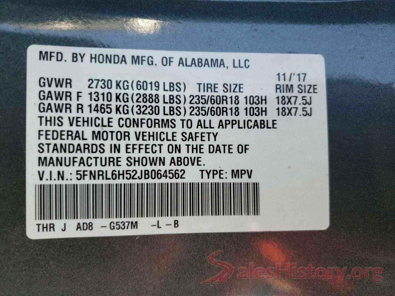 5FNRL6H52JB064562 2018 HONDA ODYSSEY