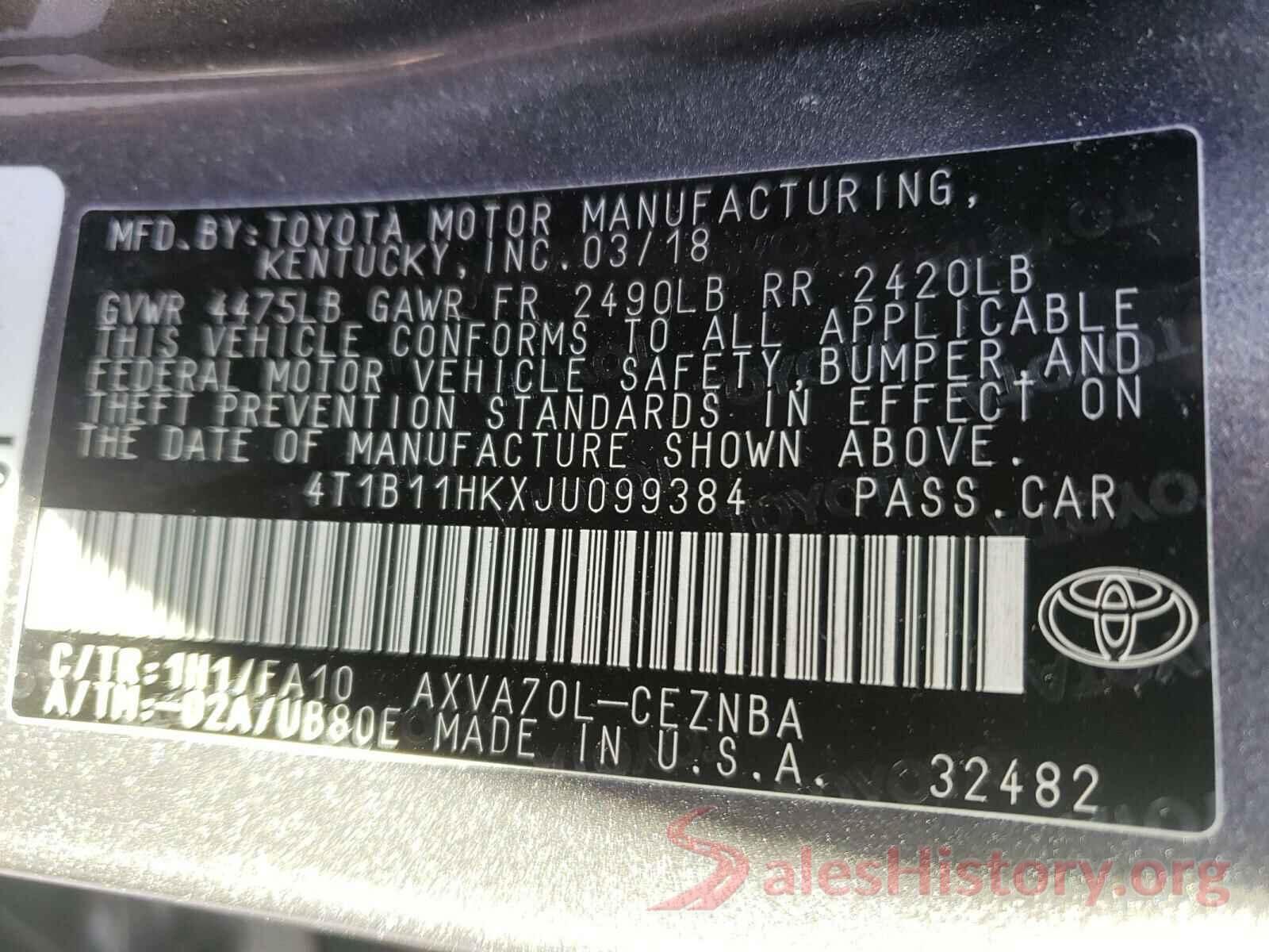 4T1B11HKXJU099384 2018 TOYOTA CAMRY