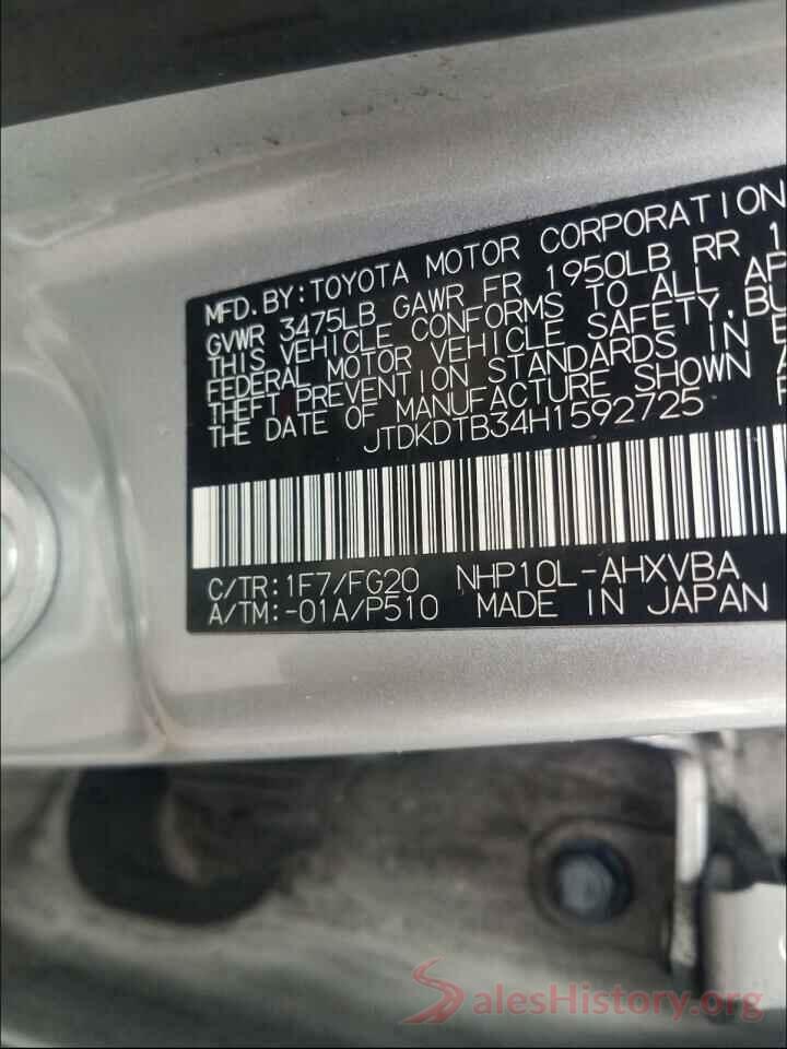 JTDKDTB34H1592725 2017 TOYOTA PRIUS