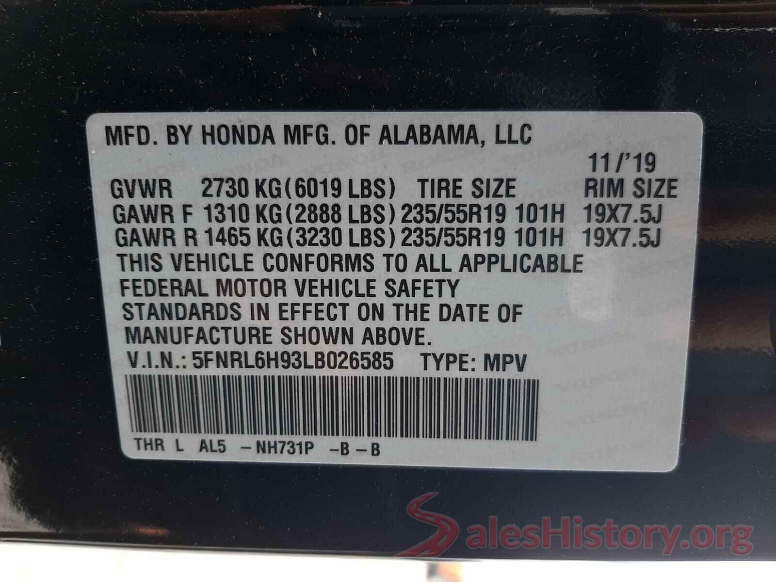 5FNRL6H93LB026585 2020 HONDA ODYSSEY