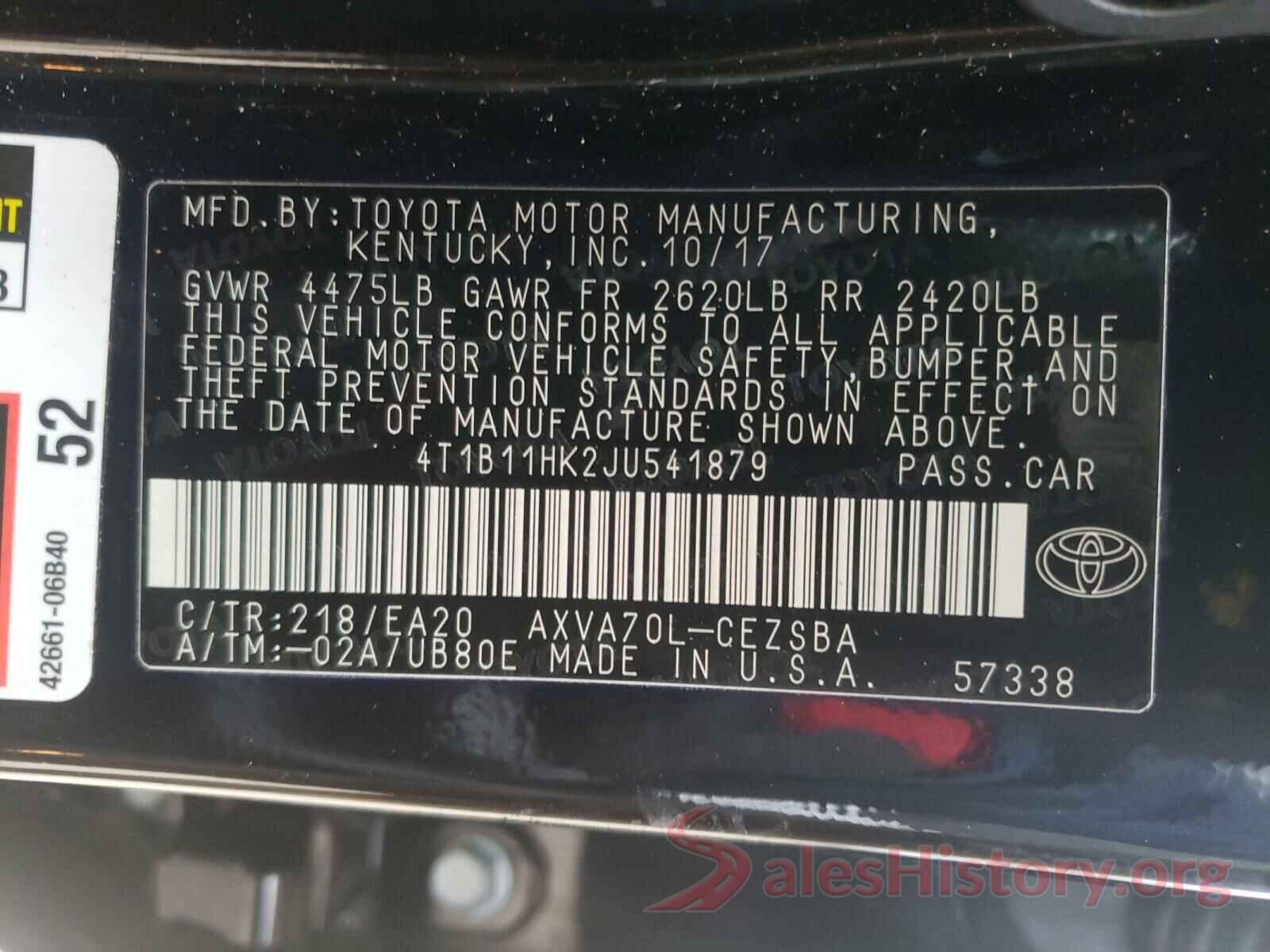 4T1B11HK2JU541879 2018 TOYOTA CAMRY