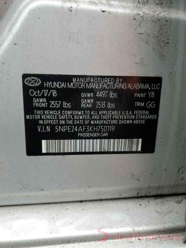 5NPE24AF3KH750119 2019 HYUNDAI SONATA