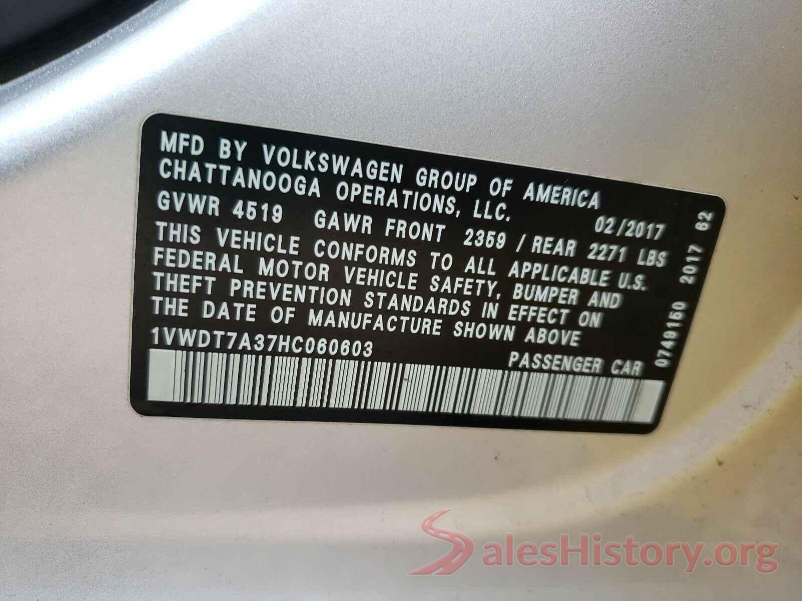 1VWDT7A37HC060603 2017 VOLKSWAGEN PASSAT