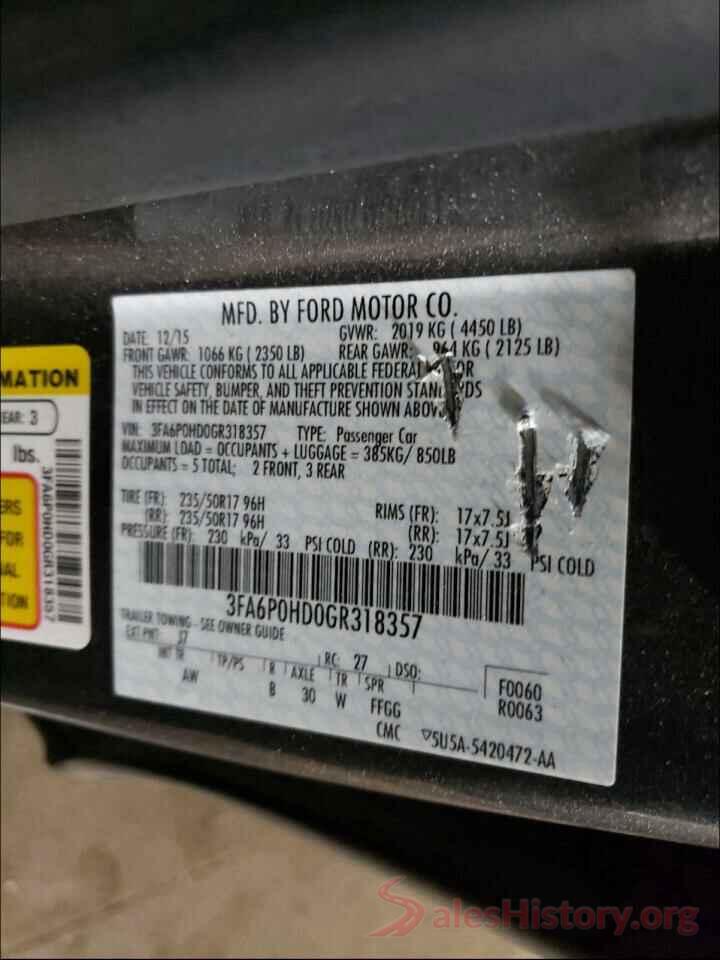 3FA6P0HD0GR318357 2016 FORD FUSION