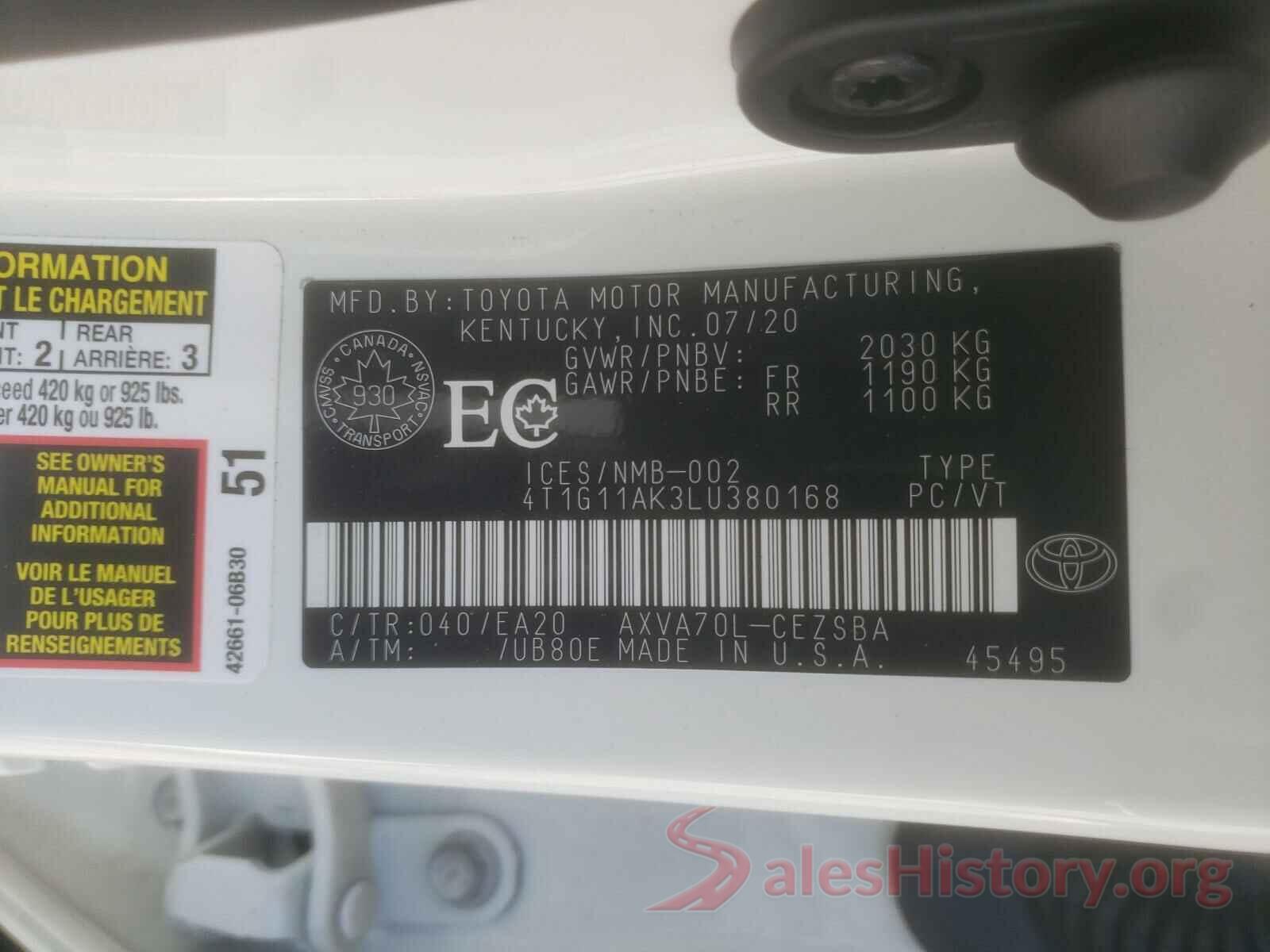 4T1G11AK3LU380168 2020 TOYOTA CAMRY