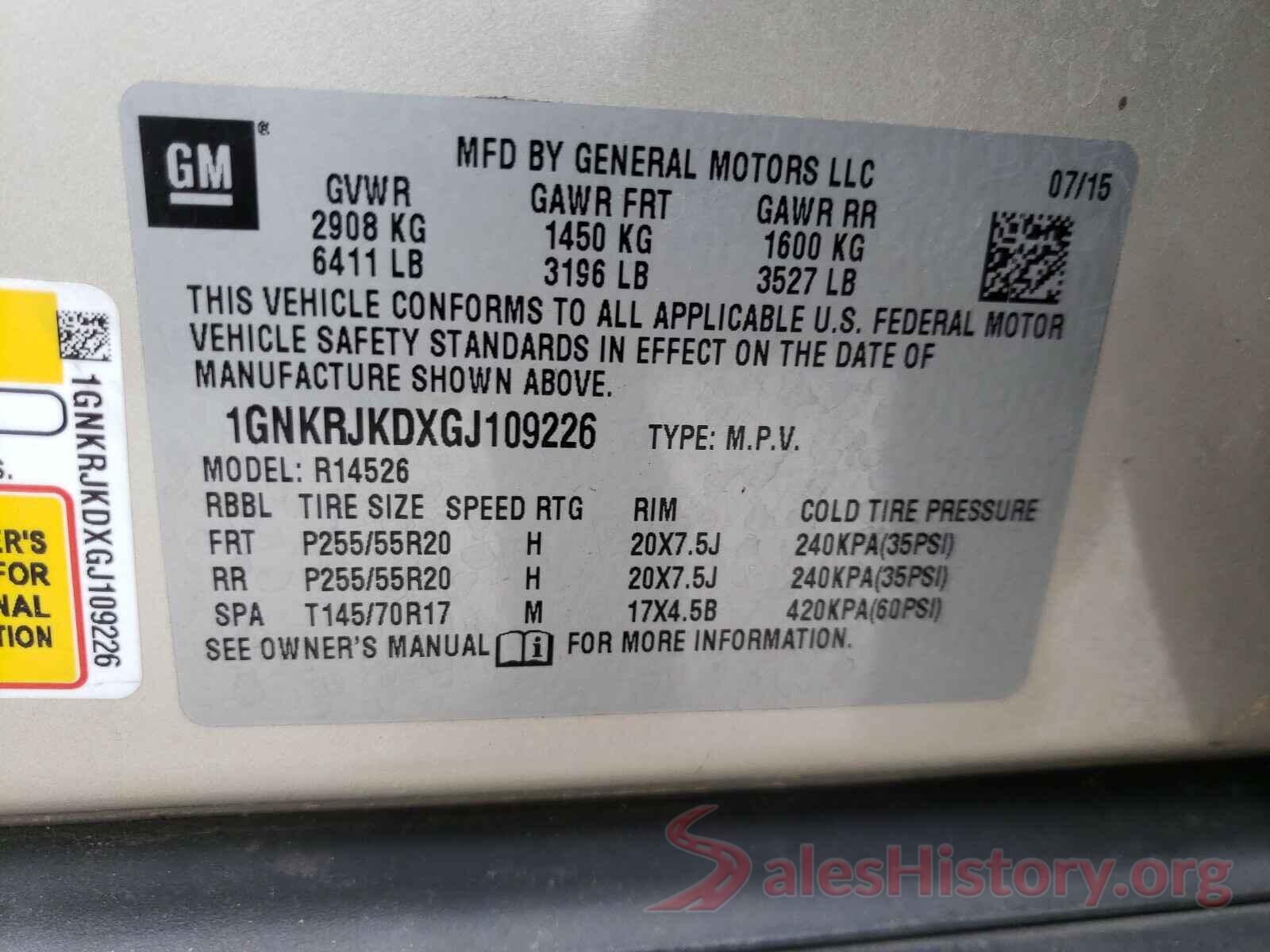 1GNKRJKDXGJ109226 2016 CHEVROLET TRAVERSE