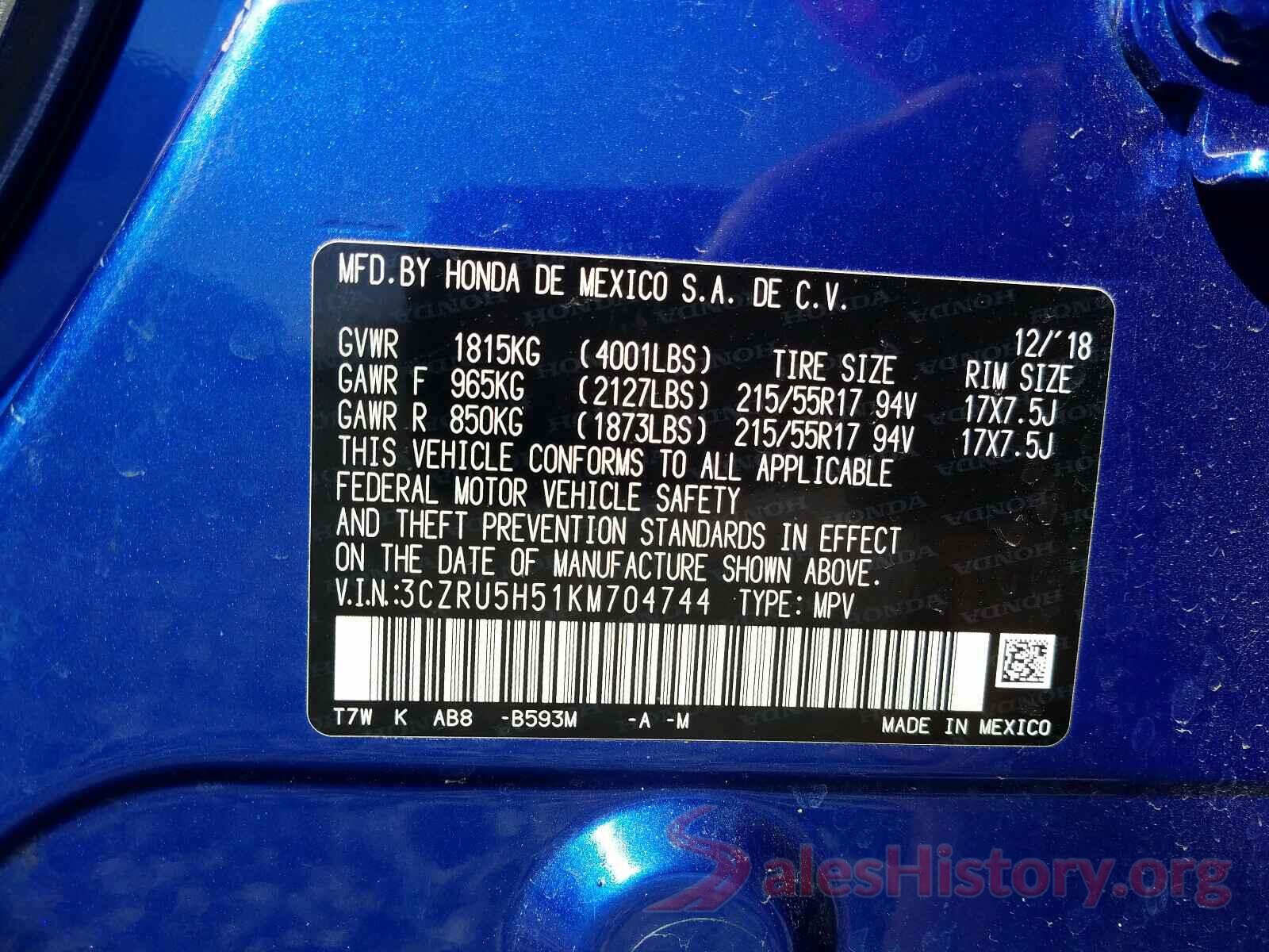 3CZRU5H51KM704744 2019 HONDA HR-V