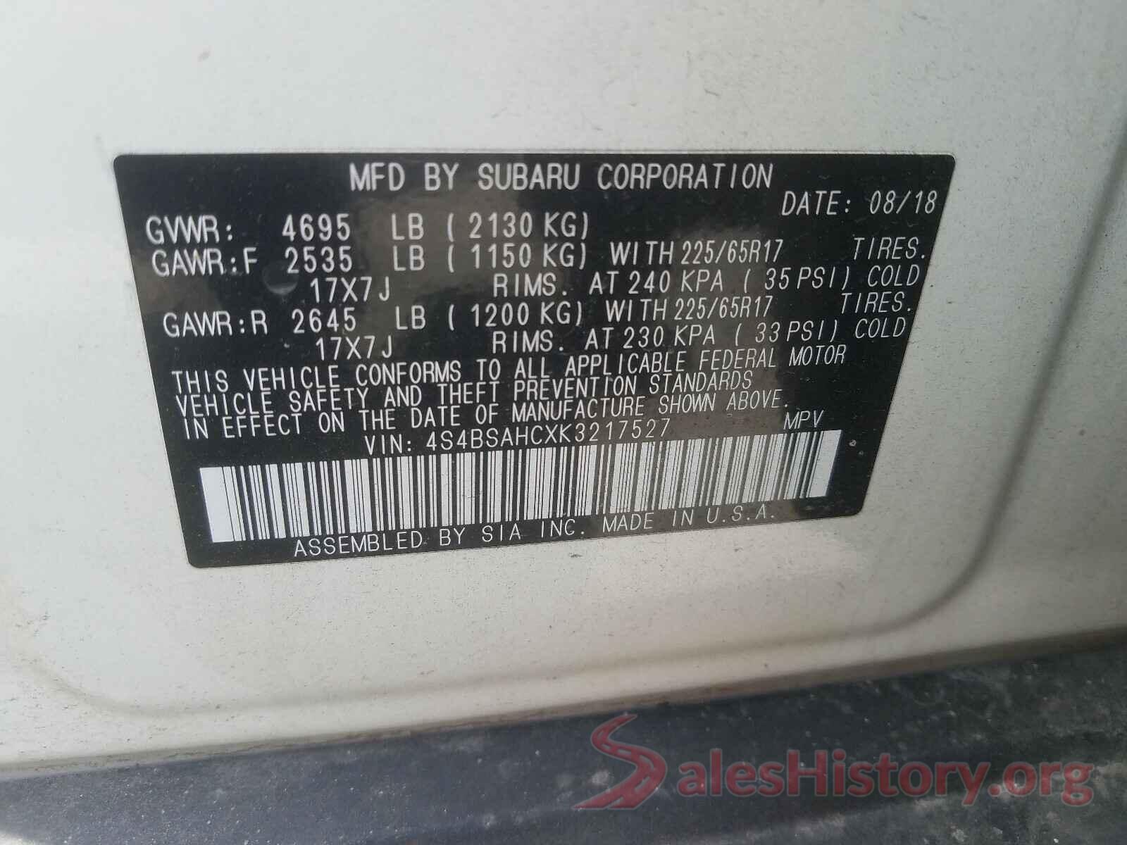 4S4BSAHCXK3217527 2019 SUBARU OUTBACK