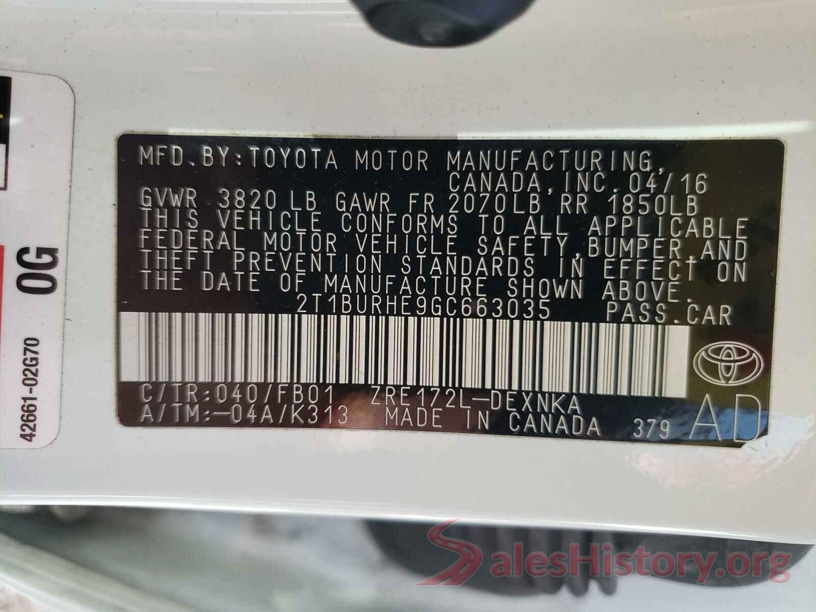 2T1BURHE9GC663035 2016 TOYOTA COROLLA