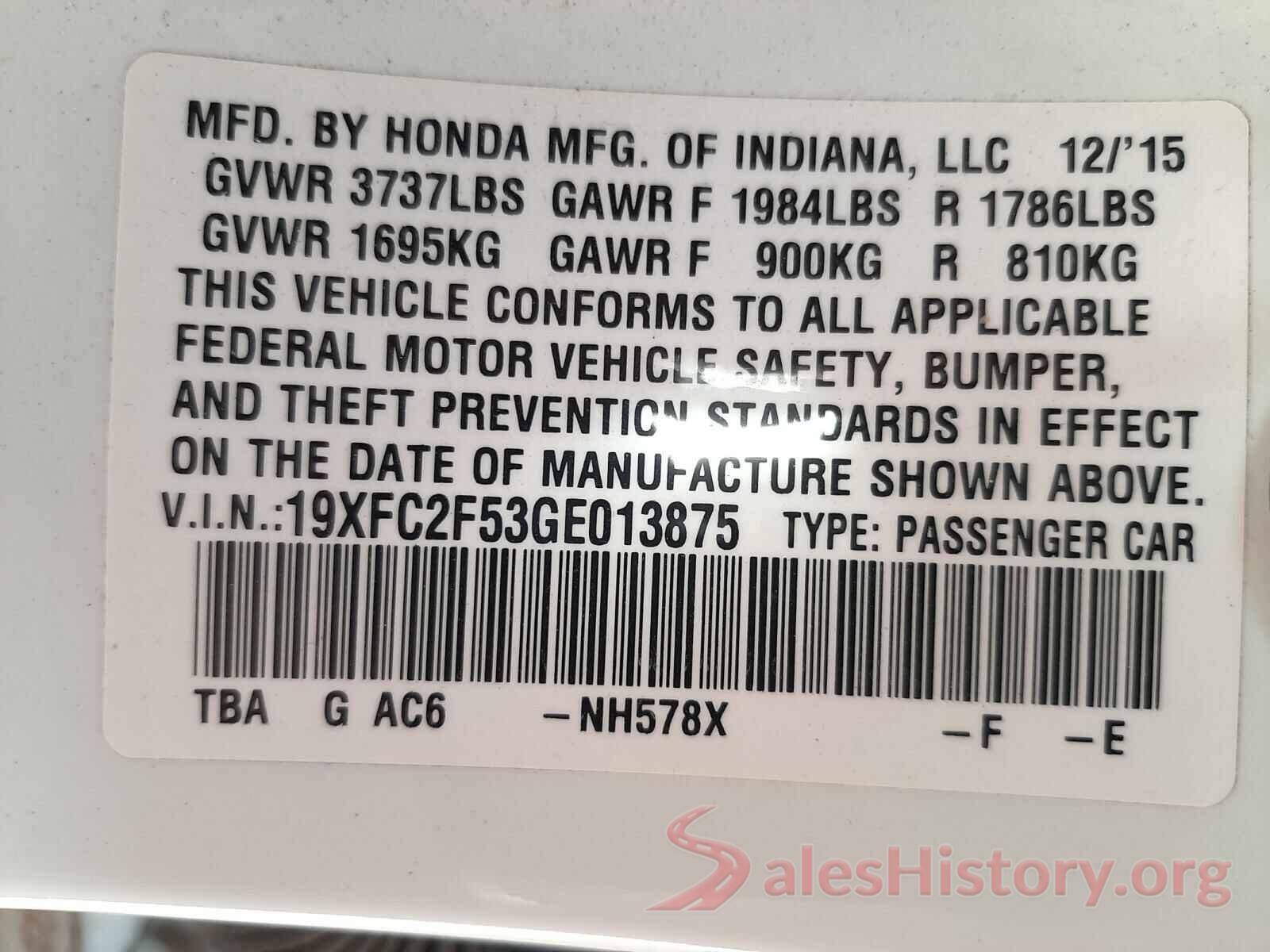 19XFC2F53GE013875 2016 HONDA CIVIC