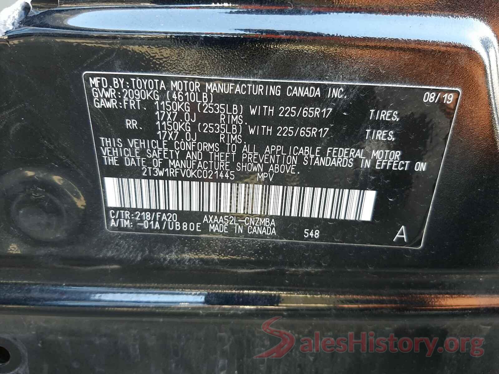 2T3W1RFV0KC021445 2019 TOYOTA RAV4