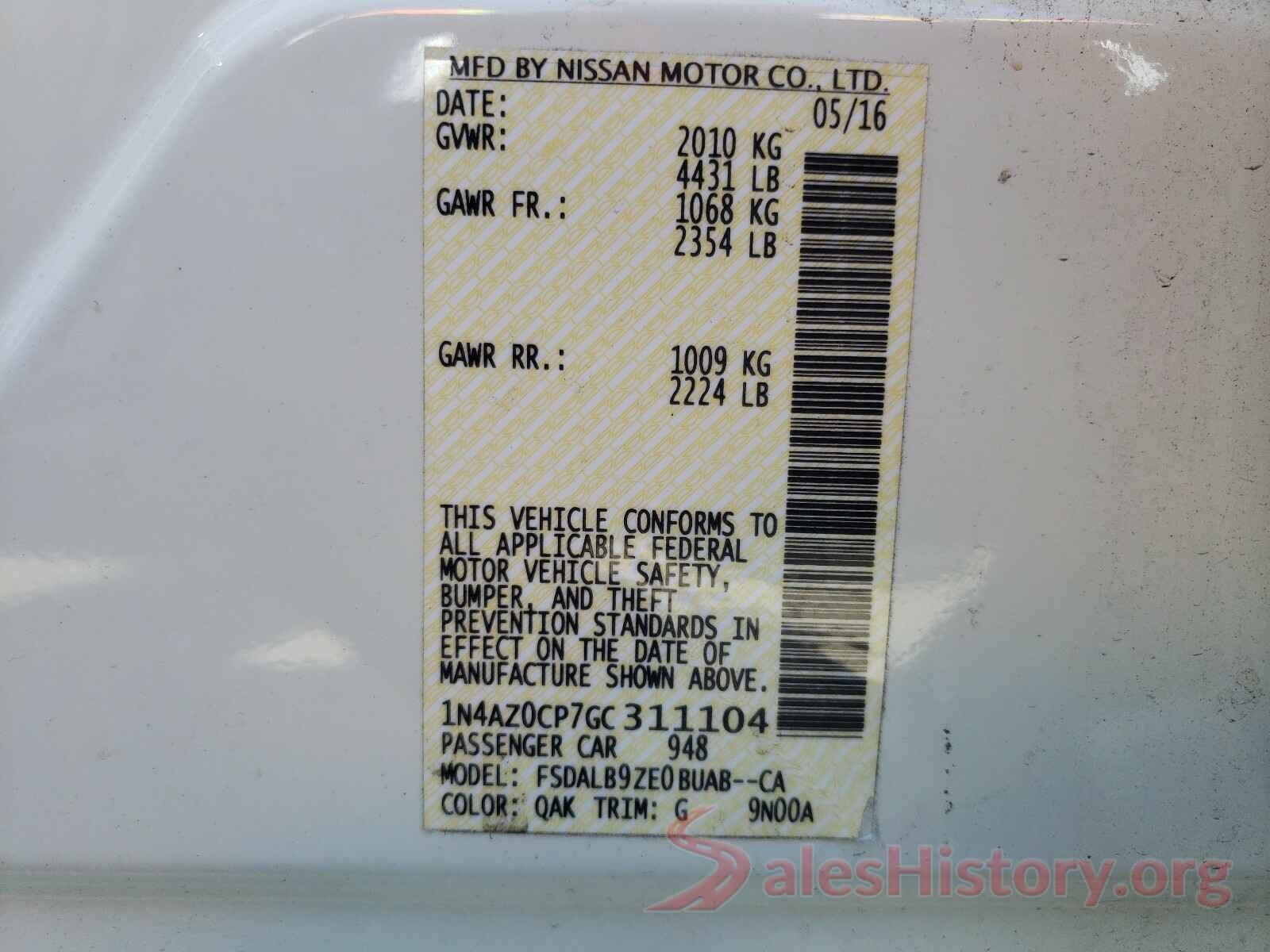 1N4AZ0CP7GC311104 2016 NISSAN LEAF