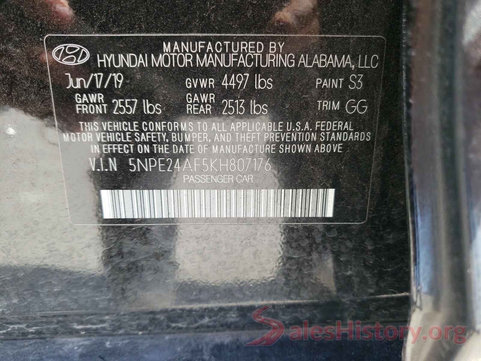 5NPE24AF5KH807176 2019 HYUNDAI SONATA