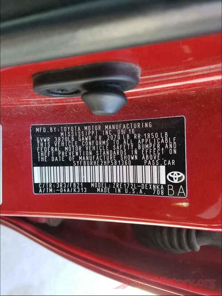 5YFBURHE2HP581360 2017 TOYOTA COROLLA