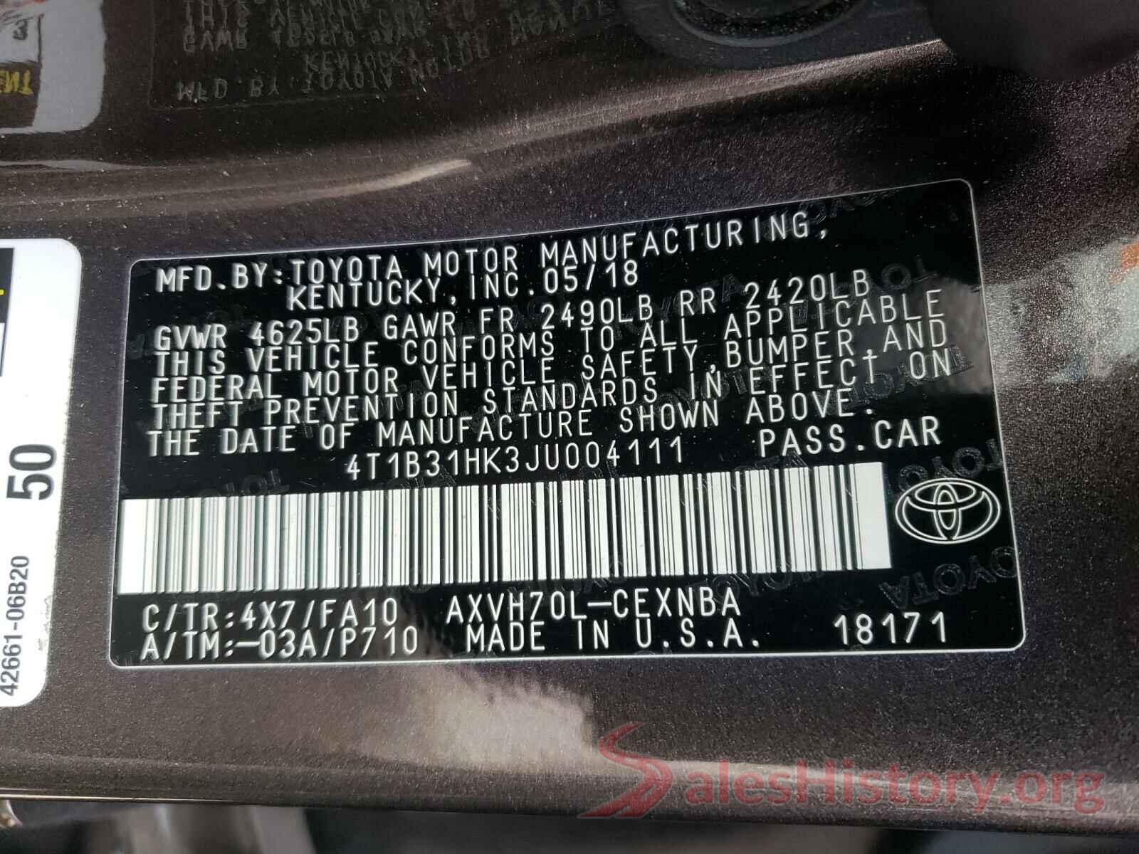 4T1B31HK3JU004111 2018 TOYOTA CAMRY