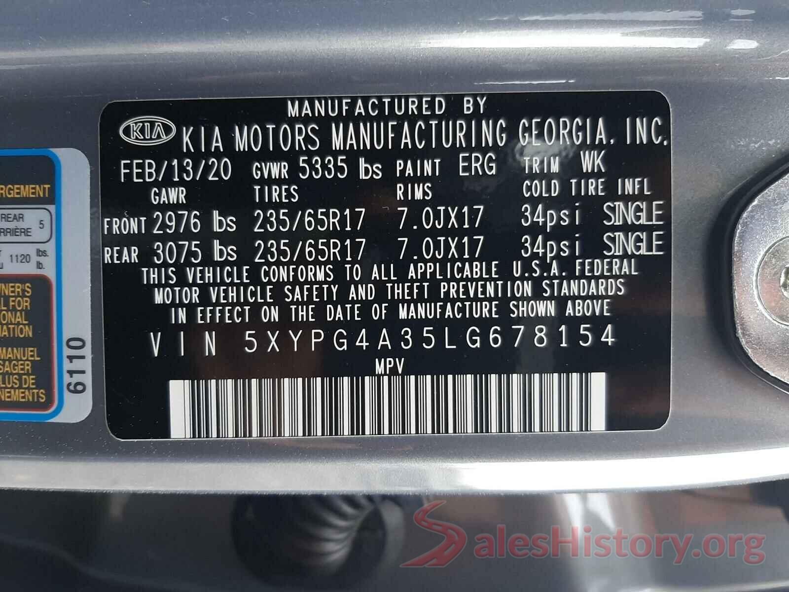 5XYPG4A35LG678154 2020 KIA SORENTO