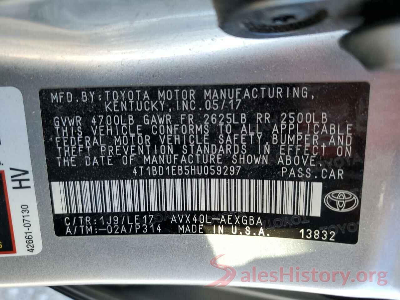 4T1BD1EB5HU059297 2017 TOYOTA AVALON