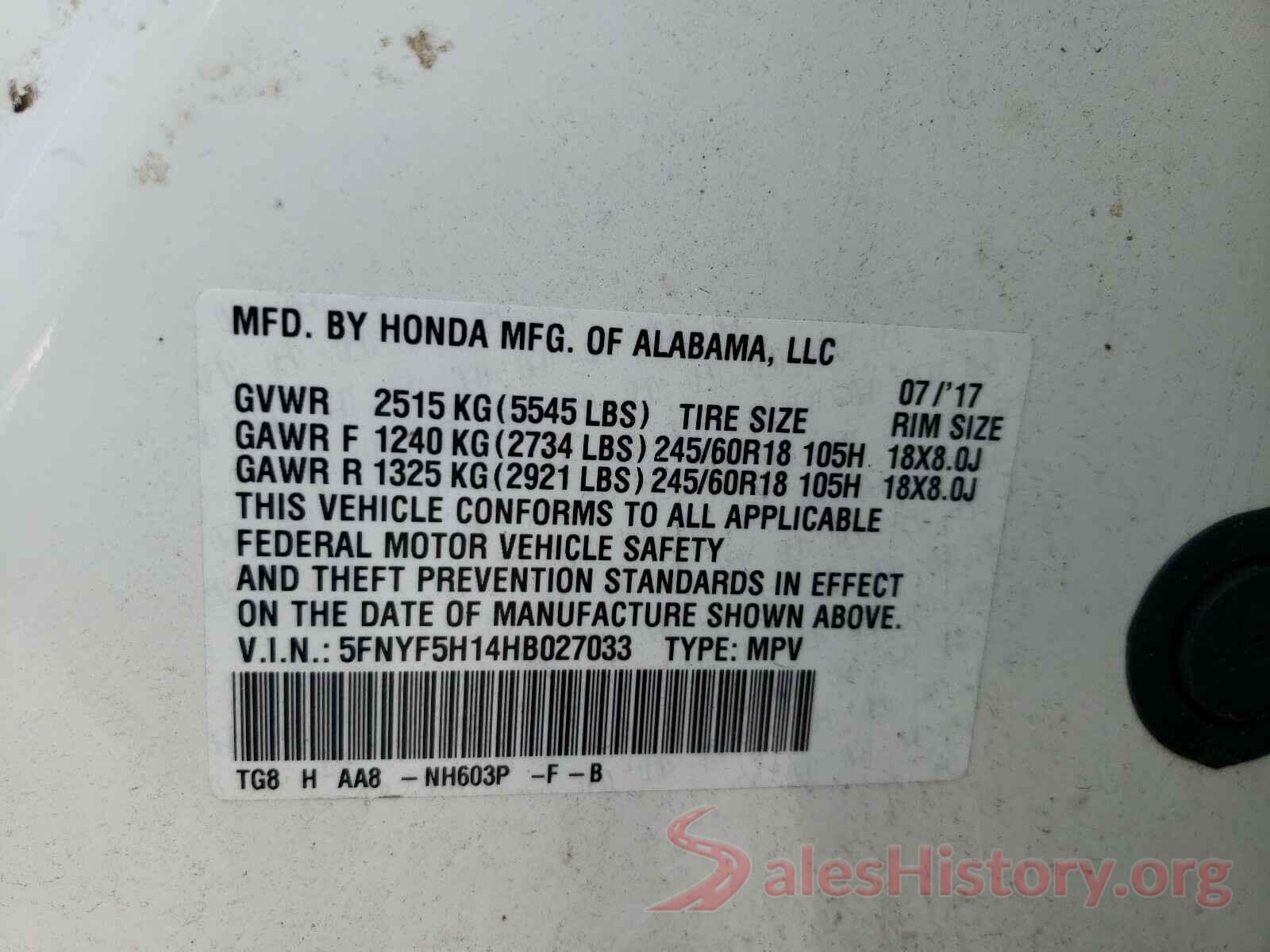 5FNYF5H14HB027033 2017 HONDA PILOT