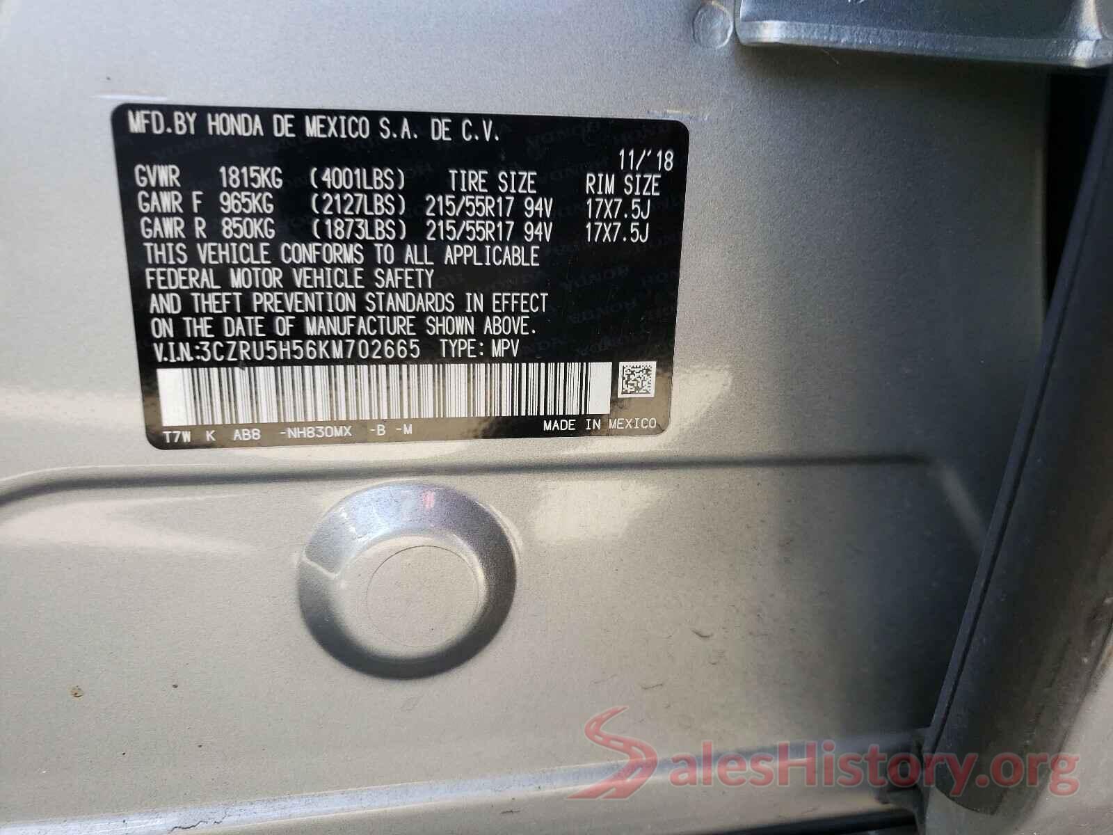 3CZRU5H56KM702665 2019 HONDA HR-V