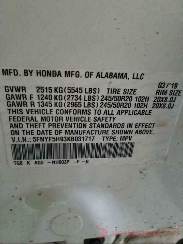 5FNYF5H93KB031717 2019 HONDA PILOT