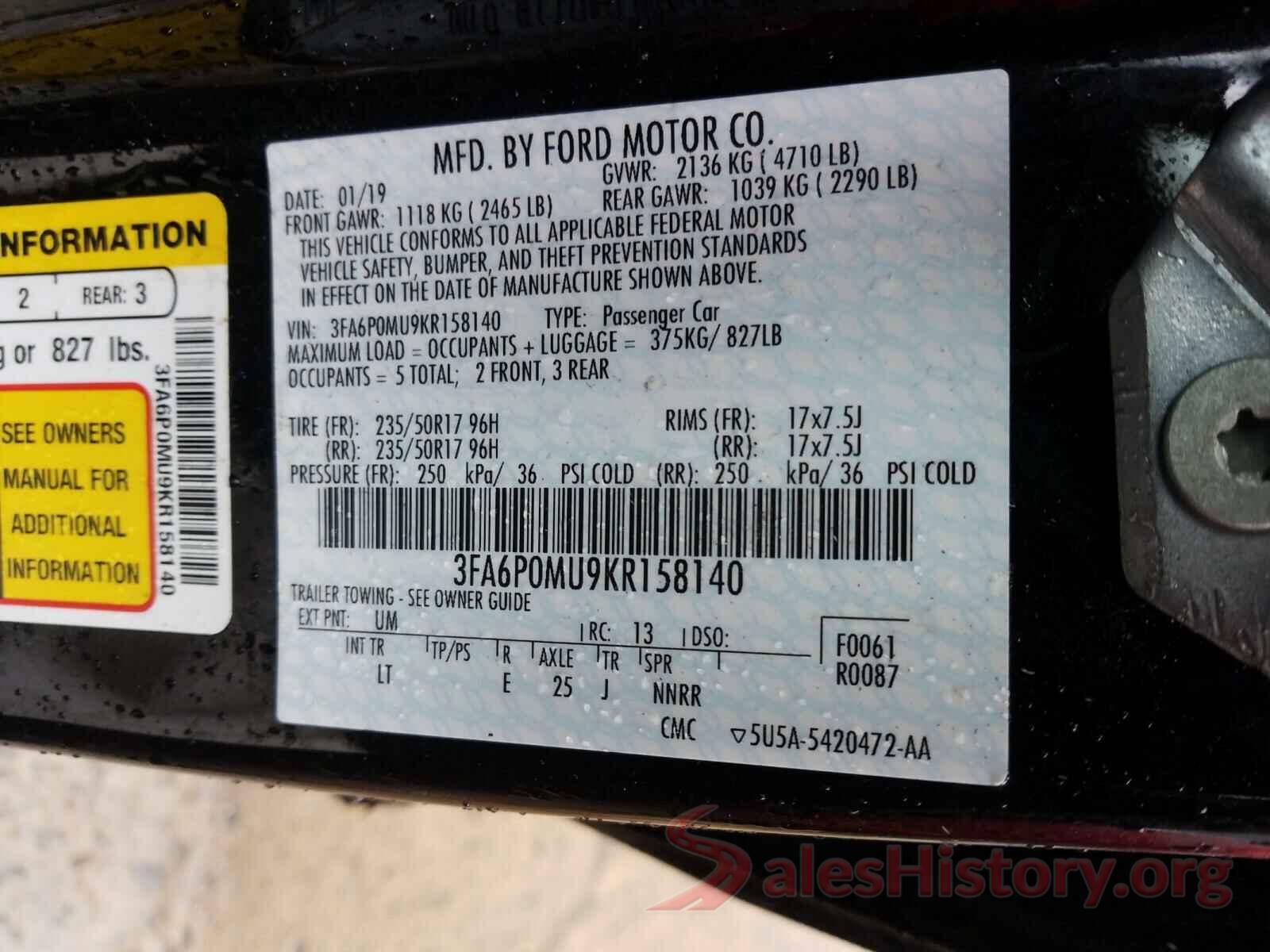 3FA6P0MU9KR158140 2019 FORD FUSION