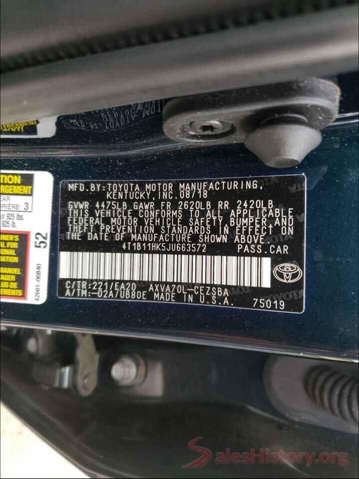 4T1B11HK5JU663572 2018 TOYOTA CAMRY