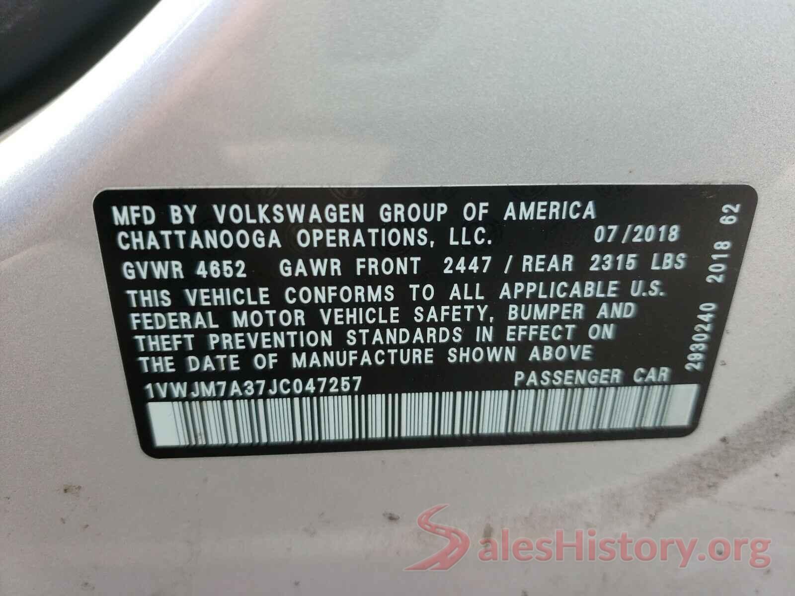 1VWJM7A37JC047257 2018 VOLKSWAGEN PASSAT