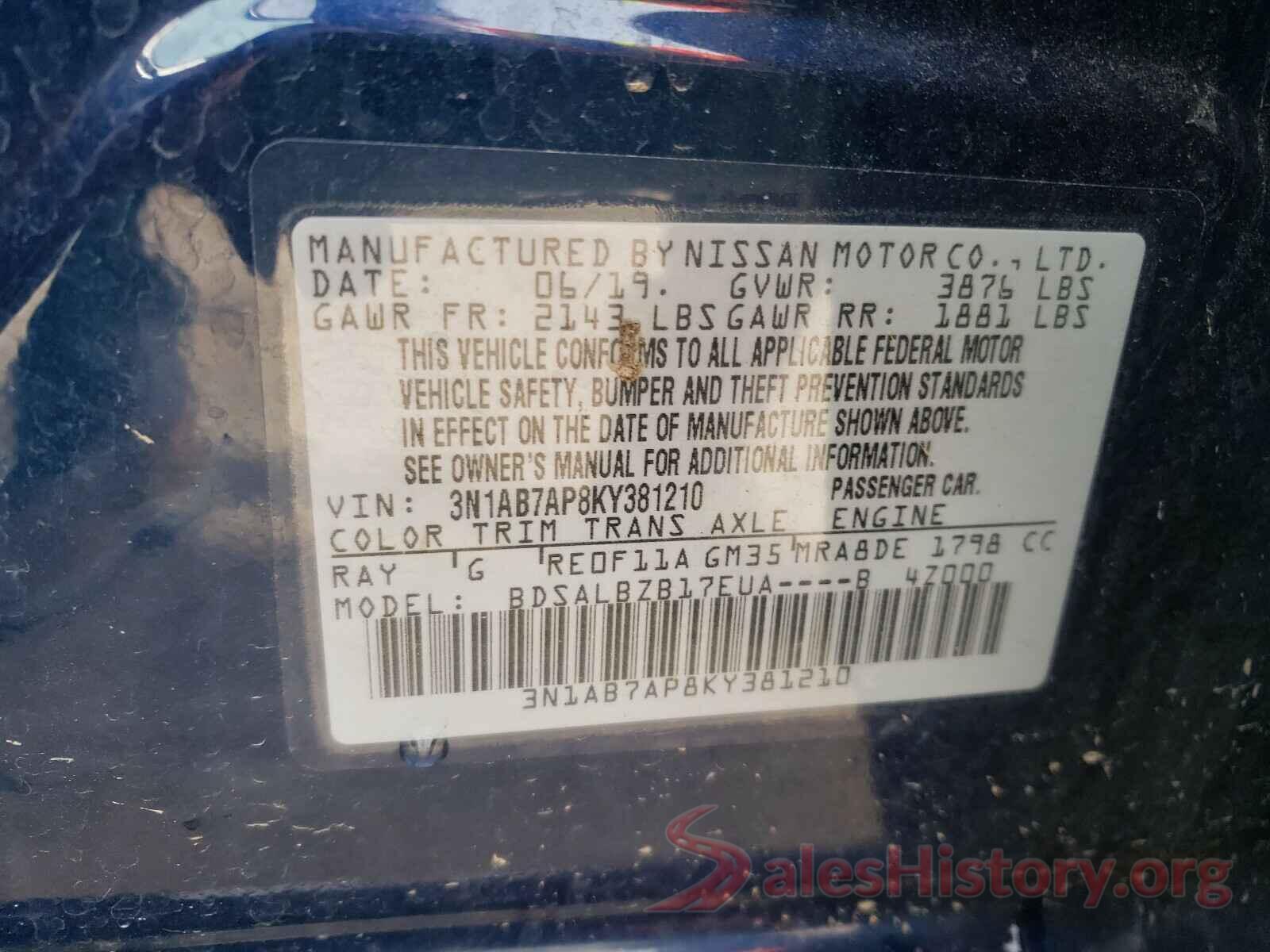 3N1AB7AP8KY381210 2019 NISSAN SENTRA