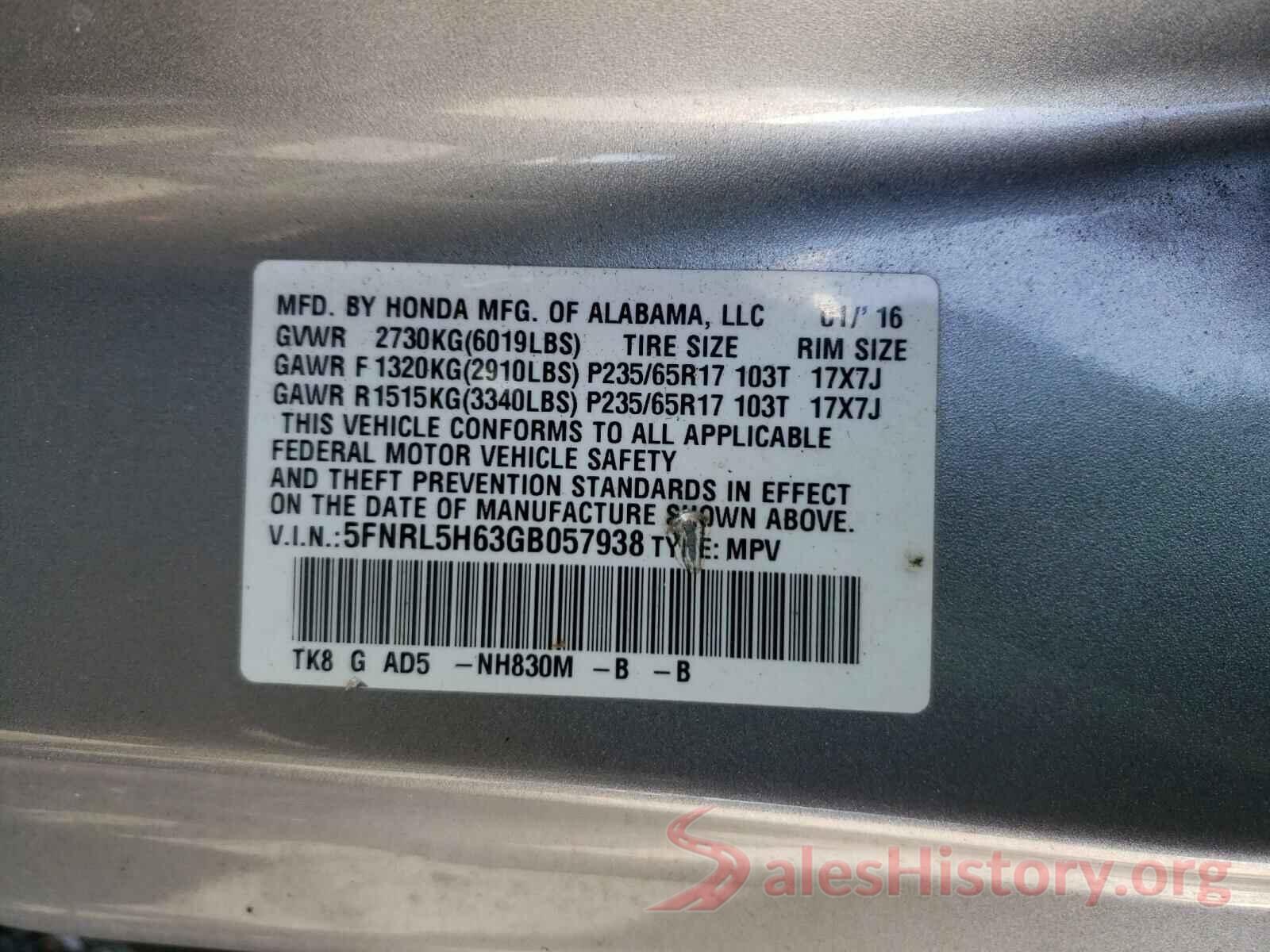 5FNRL5H63GB057938 2016 HONDA ODYSSEY