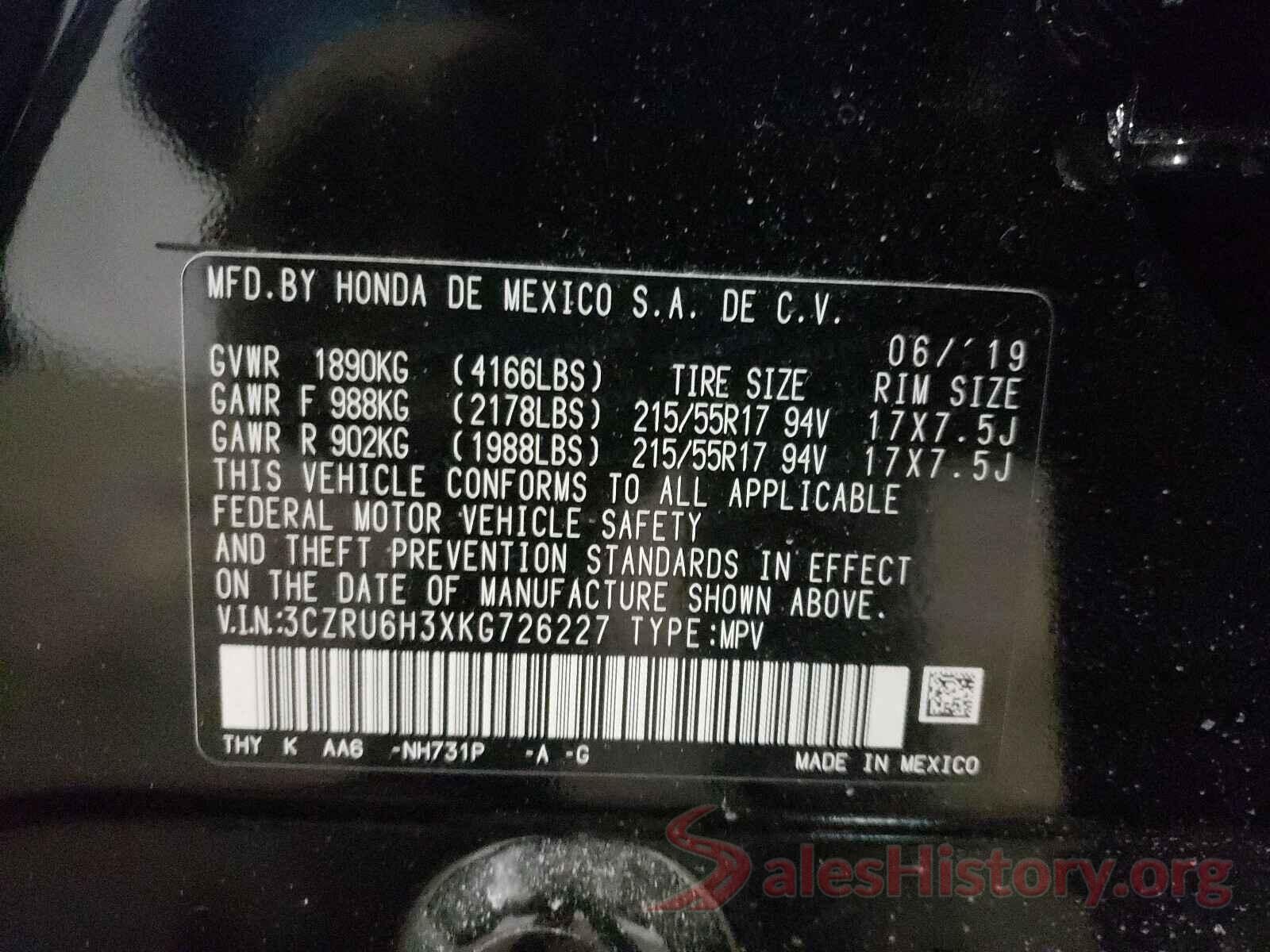 3CZRU6H3XKG726227 2019 HONDA HR-V