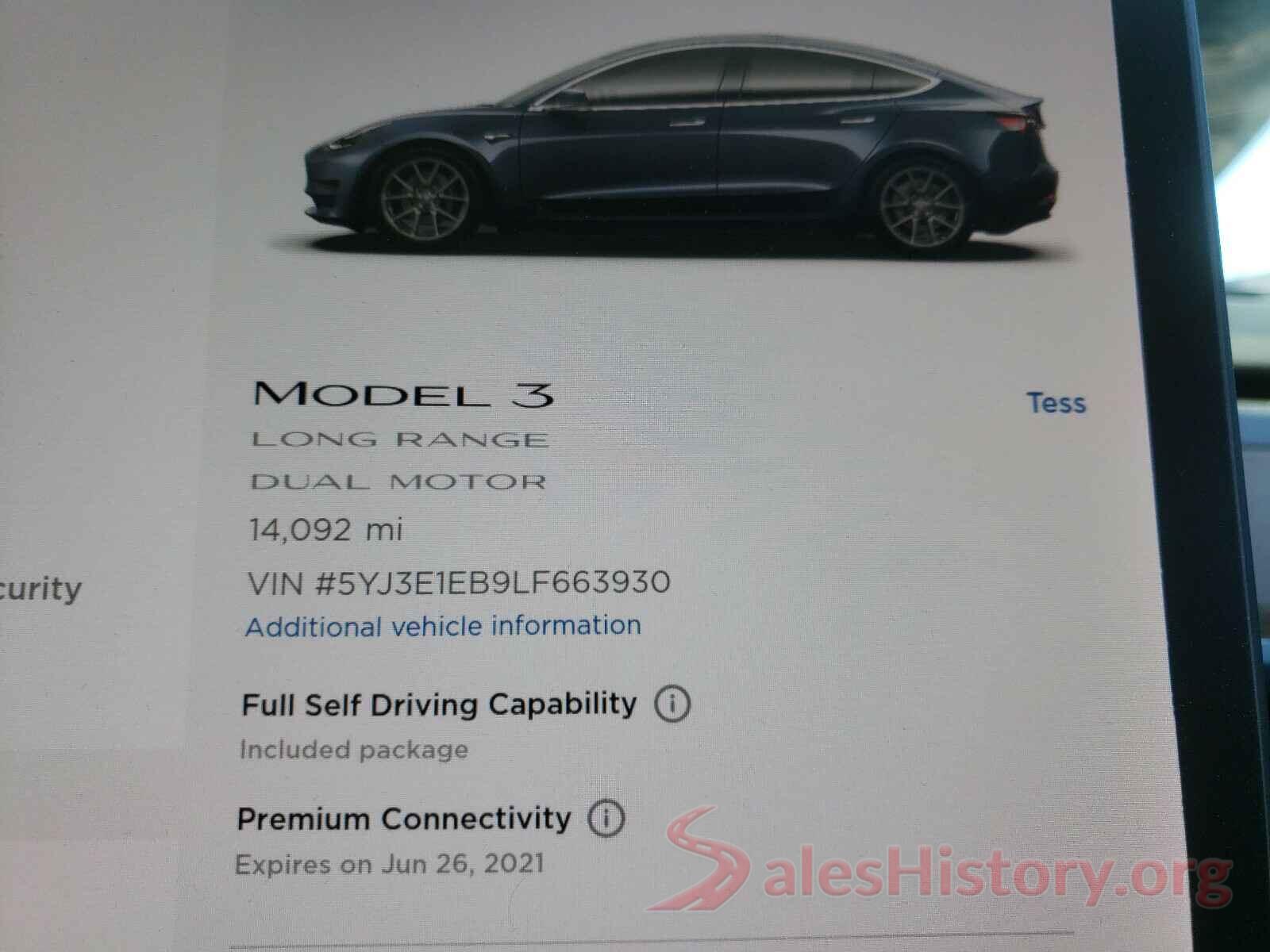 5YJ3E1EB9LF663930 2020 TESLA MODEL 3