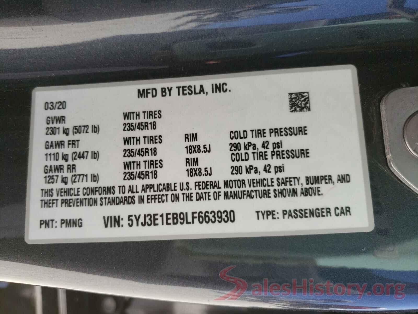 5YJ3E1EB9LF663930 2020 TESLA MODEL 3