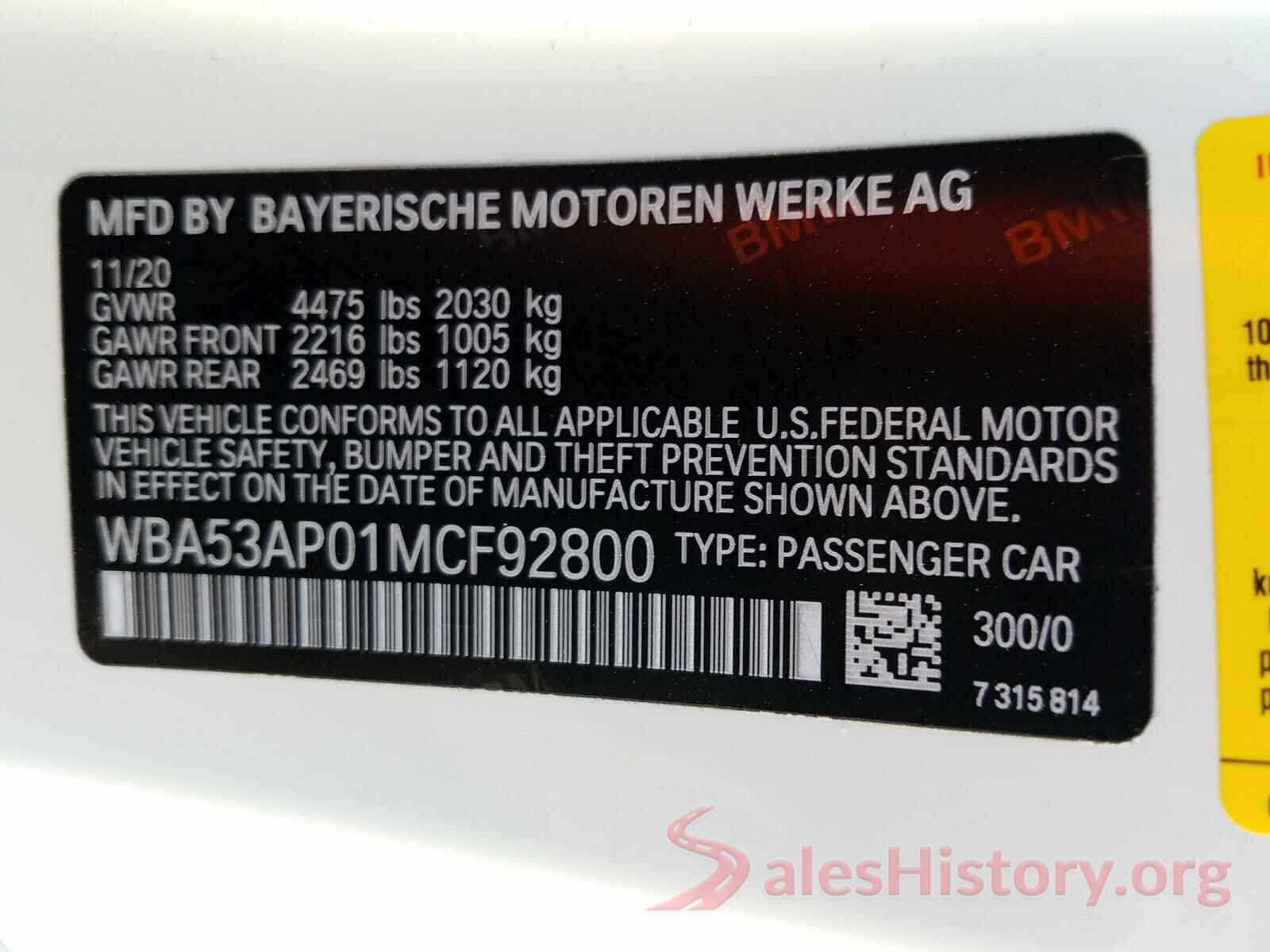 WBA53AP01MCF92800 2021 BMW 4 SERIES