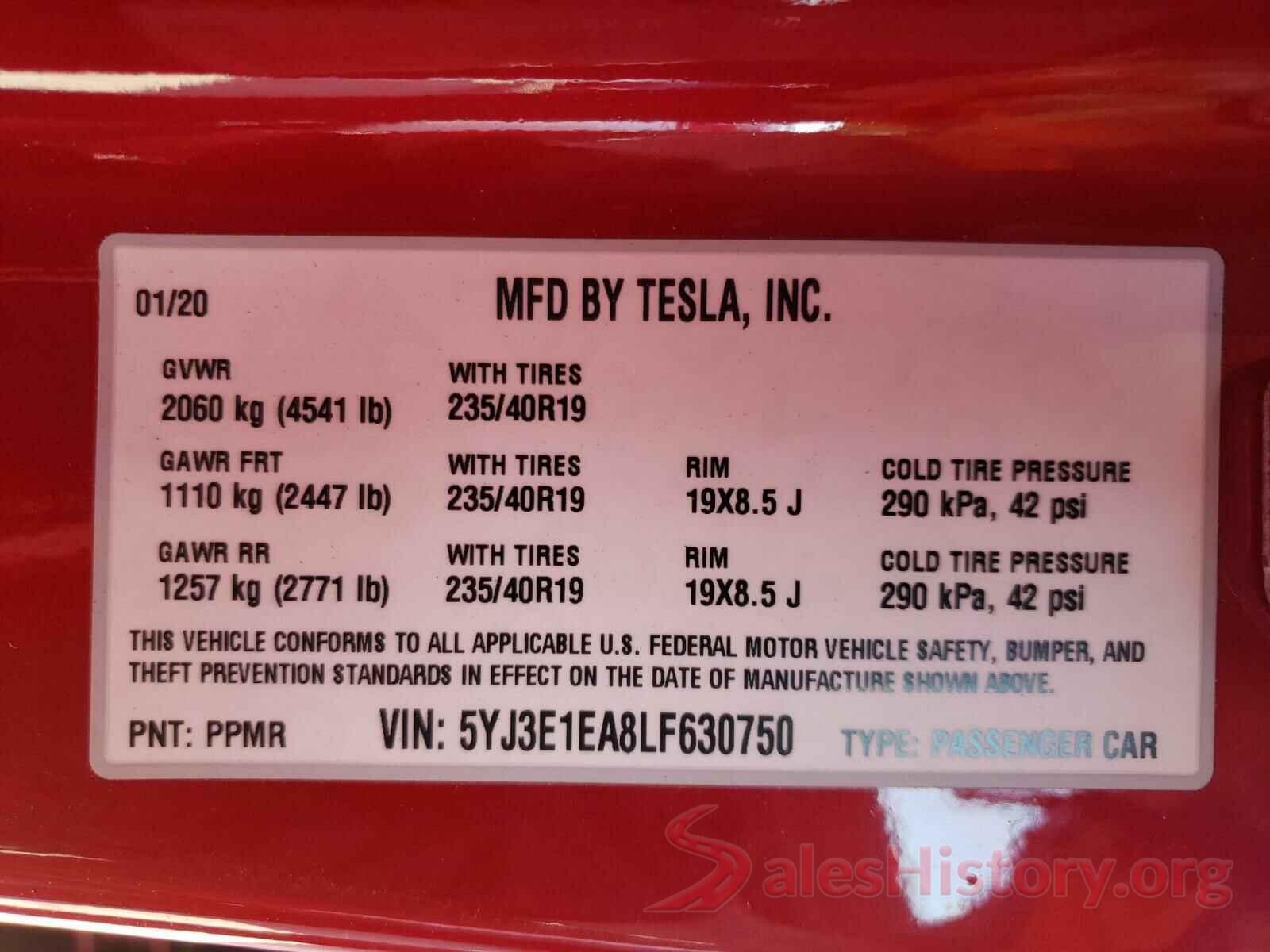 5YJ3E1EA8LF630750 2020 TESLA MODEL 3